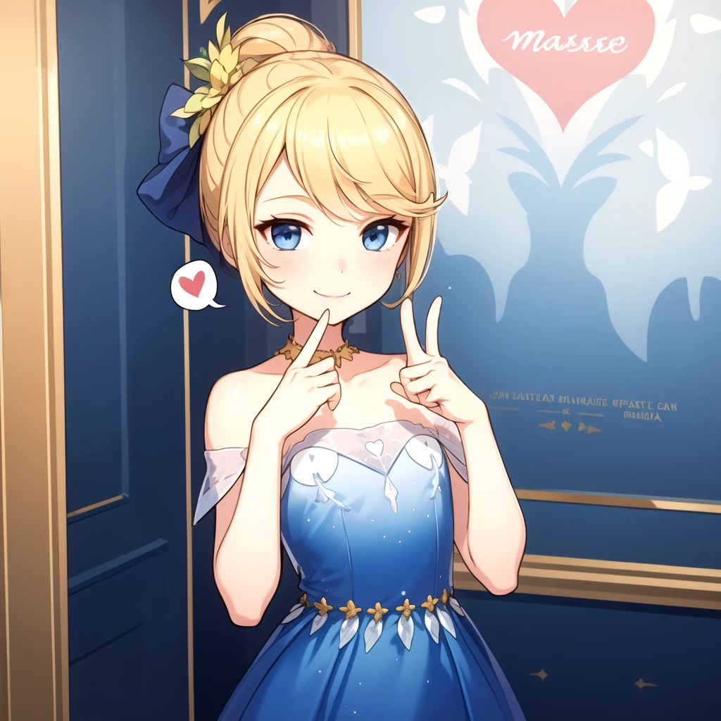 (masterpiece:1.2, best quality) SpicaNerius, blonde, blue eyes, petite, small, fragile frame, spoken heart, smile, peace sign, blue gala dress<lora:SpicaNerius-000009:0.7>