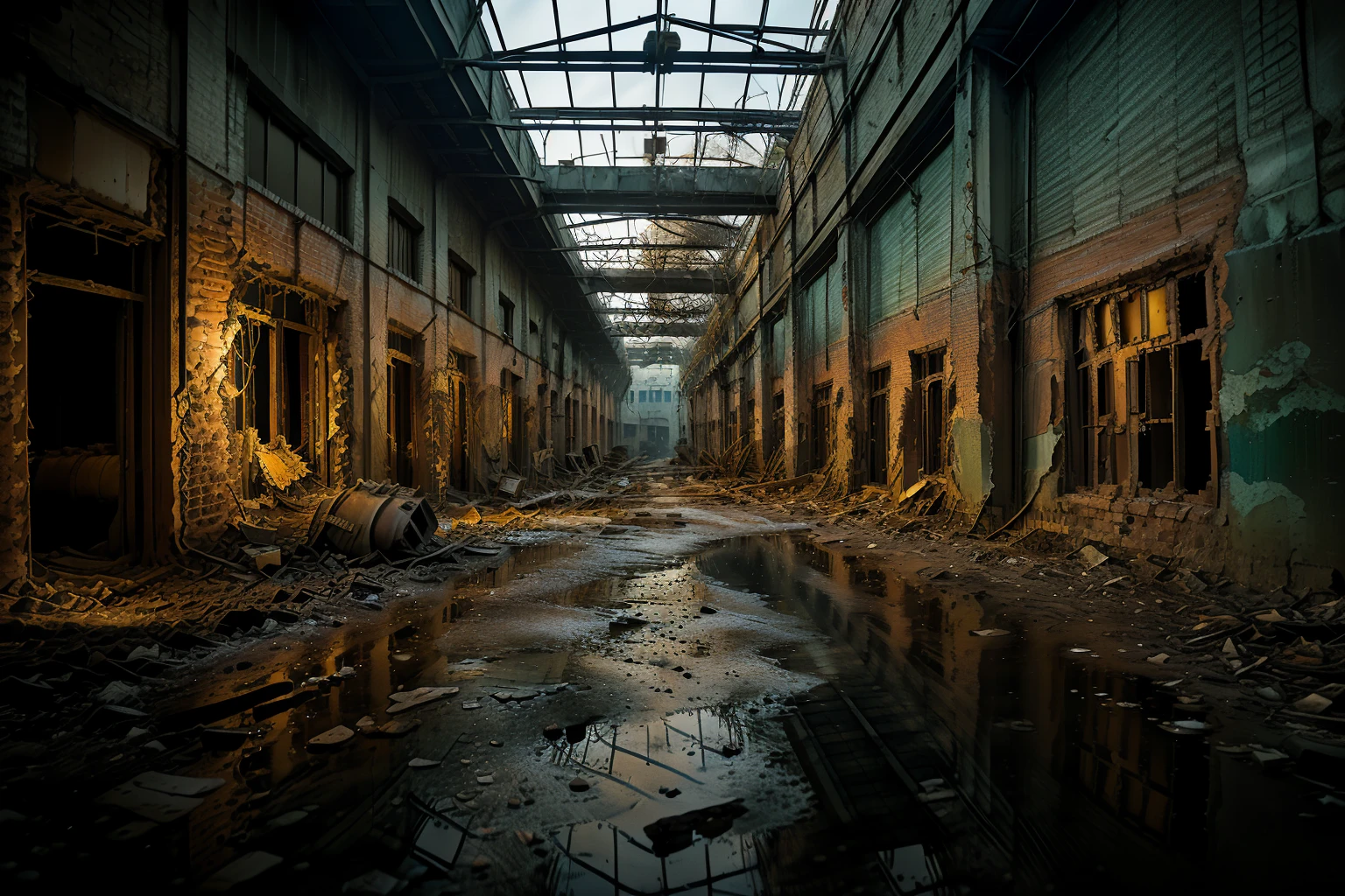 no humans,night,dark,<lora:detail_slider_v4:5>,<lora:nighttime_v1:1>,factory,<lora:abandoned factory_v1:0.7>,ruanyi0005,(((machinery, peeling wall, bricks, peeling wall exposing bricks, stagnant water, oil, soil, newspapers,, cups, bottles, factory, industry))),, best quality,masterpiece,high quality,real,realistic,super detailed,full detail,8K,