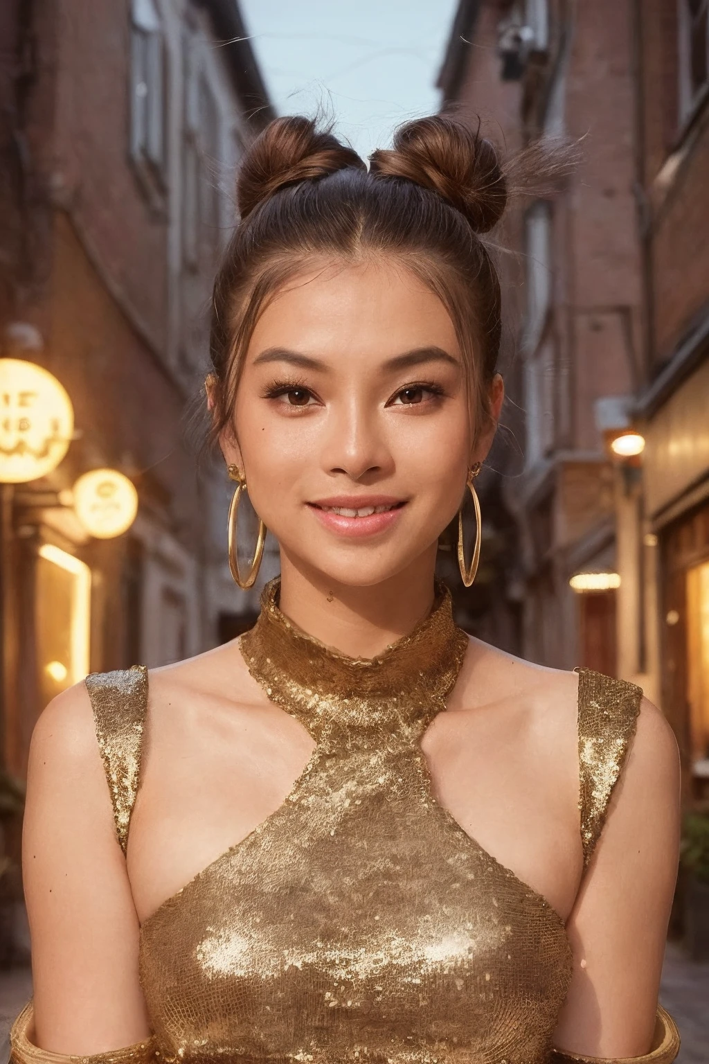 solo, realistic, (1girl), (asian) (woman), white skin, milky skin, (((Messy Top Knot))), (((smile512))), (((70s Disco: Sequin jumpsuit, platform shoes, and hoop earrings.))), (((Charming café in a quaint European alleyway))), (((dynamic pose:1.5))), <lora:ReaLora:.2> detailed skin, <lora:PHA_-_Angeli_Khang_v2:1> angelikhang