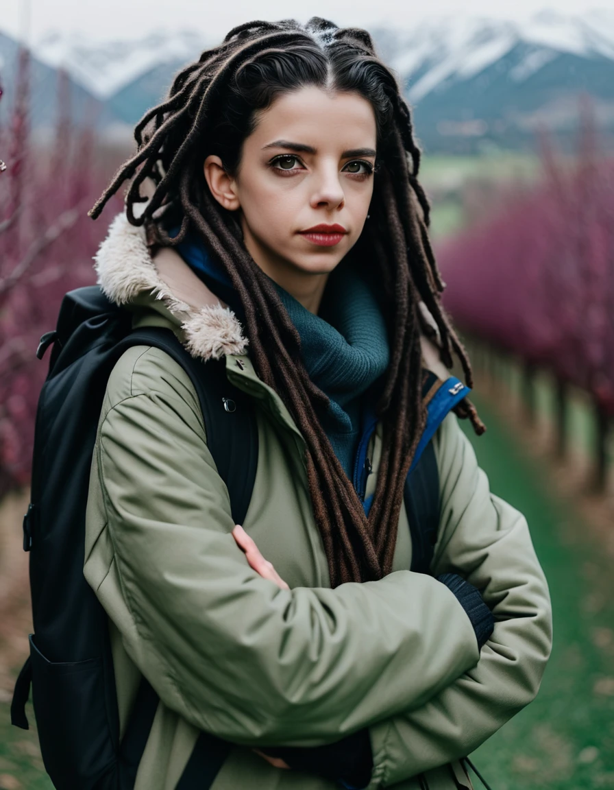 a conceptual close-up with cold lighting, captured by emily stein; it is showcased a french, grown-up, and strong ((lindaxl4)), having a black-haired dreadlocks hairstyle and thick beard; wearing winter mountain attire with a padded jacket and a backpack; waiting with his arms crossed amidst a lush orchard.