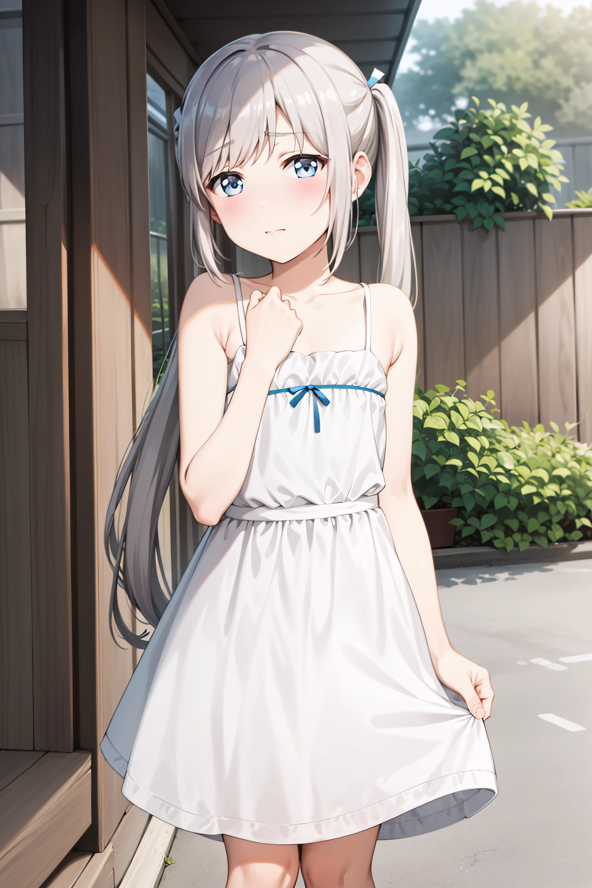 best quality, masterpiece, detailed,
<lora:chara_ShoujoRamune_Komako_v1:0.9>, komako,
solo, blush,
grey hair, blue eyes, long hair, twintails,
white dress,
standing, head tilt, looking at the viewer,
outdoors