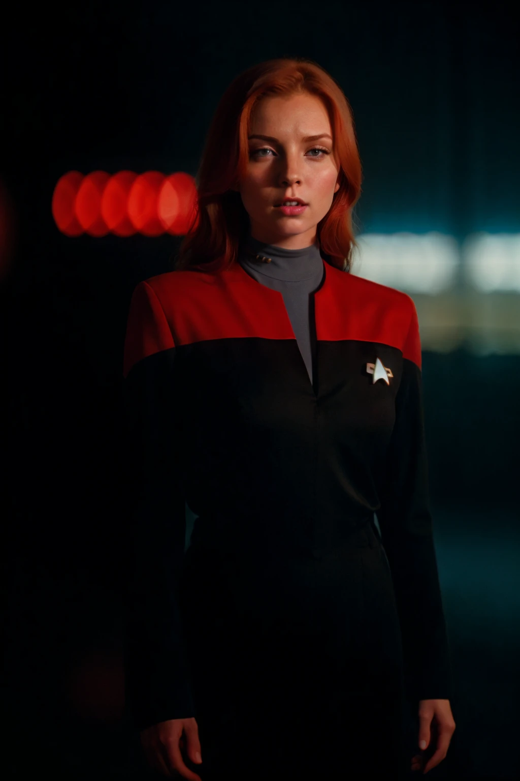 ginger young woman in voyunf red and black uniform,professional photograph of a stunning woman detailed, sharp focus, dramatic, award winning, cinematic lighting, octane render, unreal engine, volumetrics dtx, (film grain, bokeh, blurry foreground, blurry background)<lora:VoyuniformUltimate-000212:0.8>