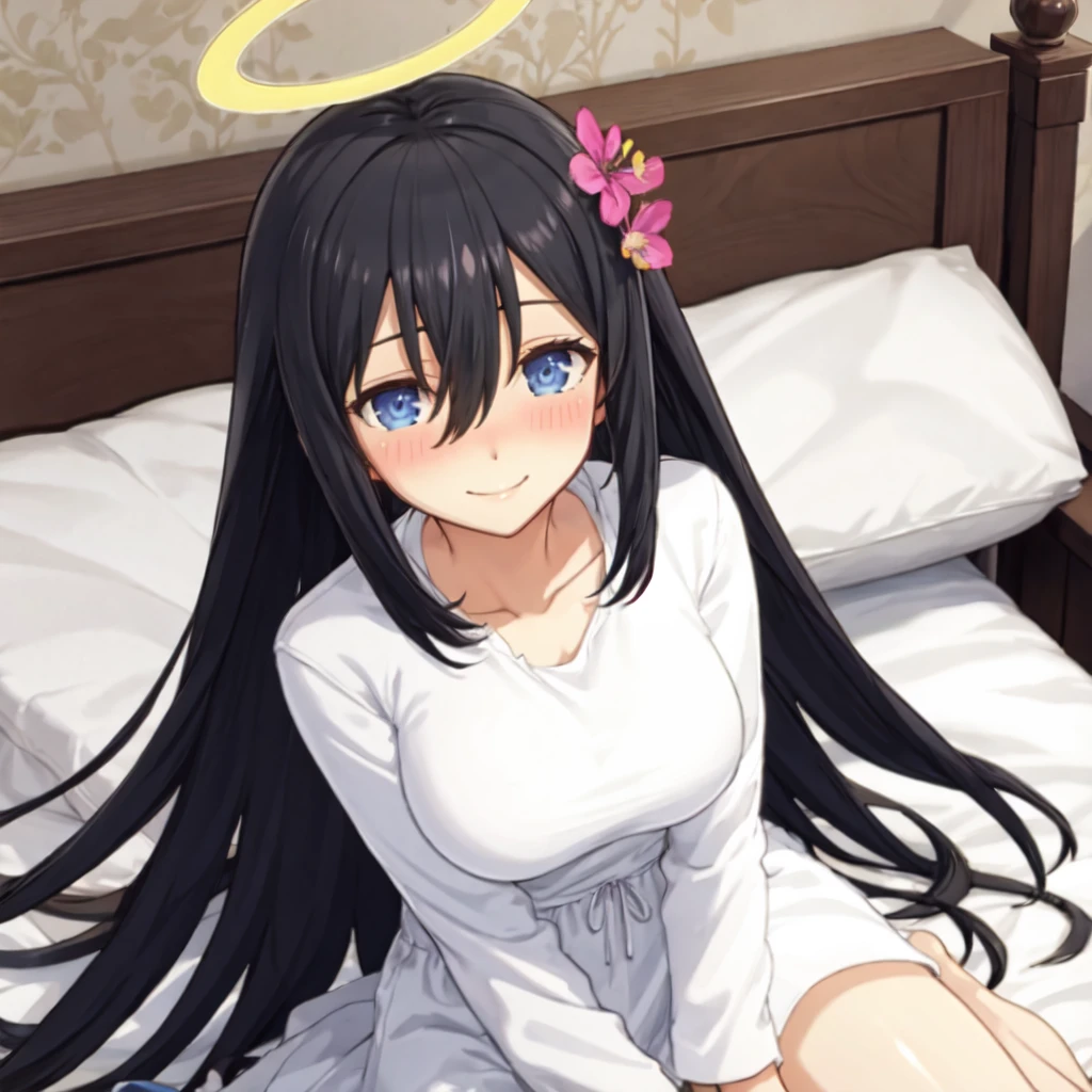 bedroom, bed, sitting, looking at viewer, nose blush, smile, Ryoki, long hair, blue eyes, large breasts, black hair, dress, hair between eyes, flower, barefoot, white dress, long dress, torn clothes, halo, <lora:Ryoki1_lora-07:0.8> <lora:add_detail:0.4>