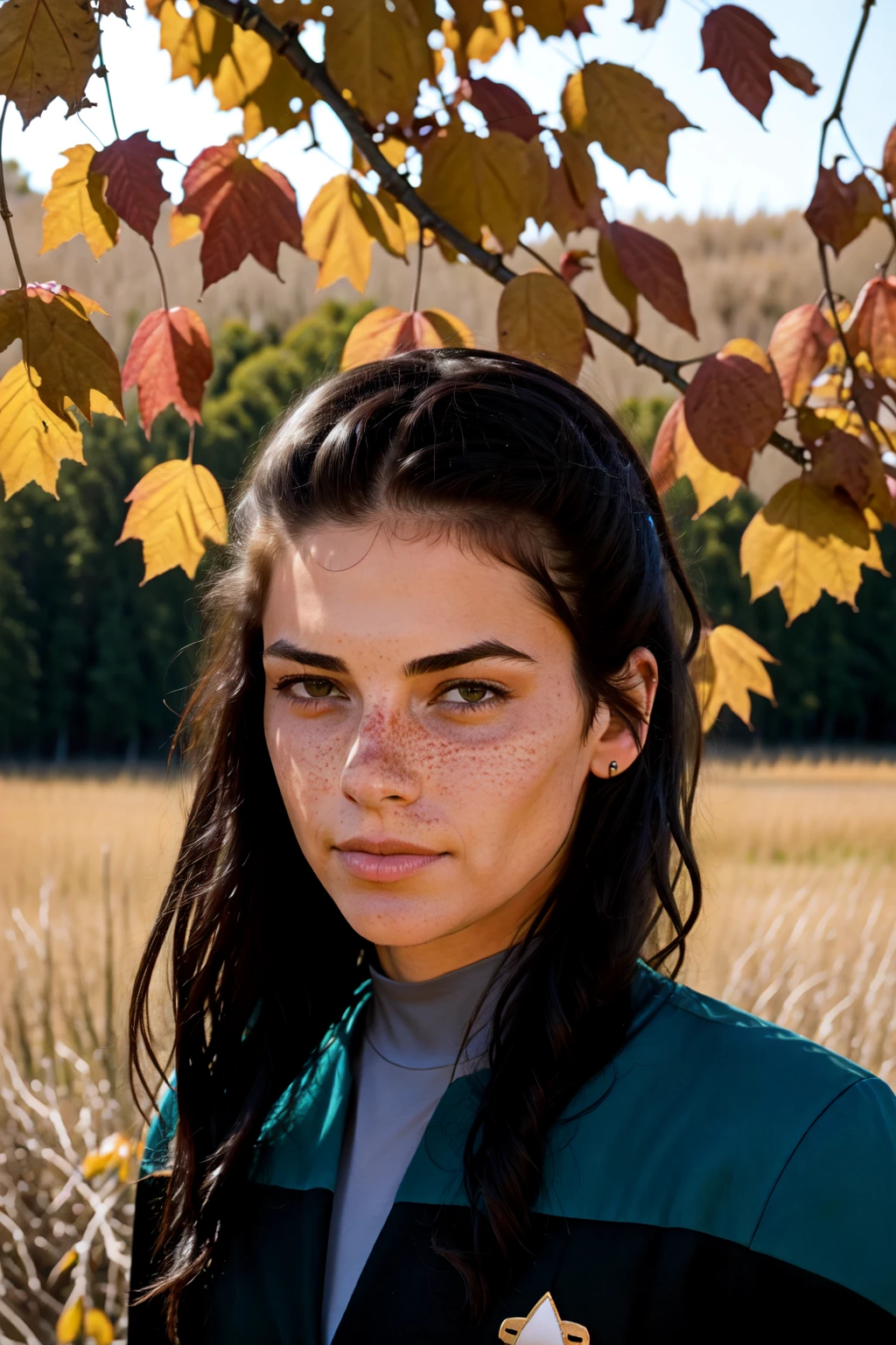 Ultra-realistic 8k CG, masterpiece, best quality, (photorealistic:1.4), absurdres, extremely detailed, real hair, life-like,
((mediaeval setting)), ((fall season, falling leaves)), ((detailed face, freckles)), ((detailed eyes)),
beautiful woman with wind-blown long curly black hair wearing a ( voyunf teal and black uniform:1.3) in a field of tall grain, rustic farm,<lora:VoyuniformUltimate-000212:0.8>
