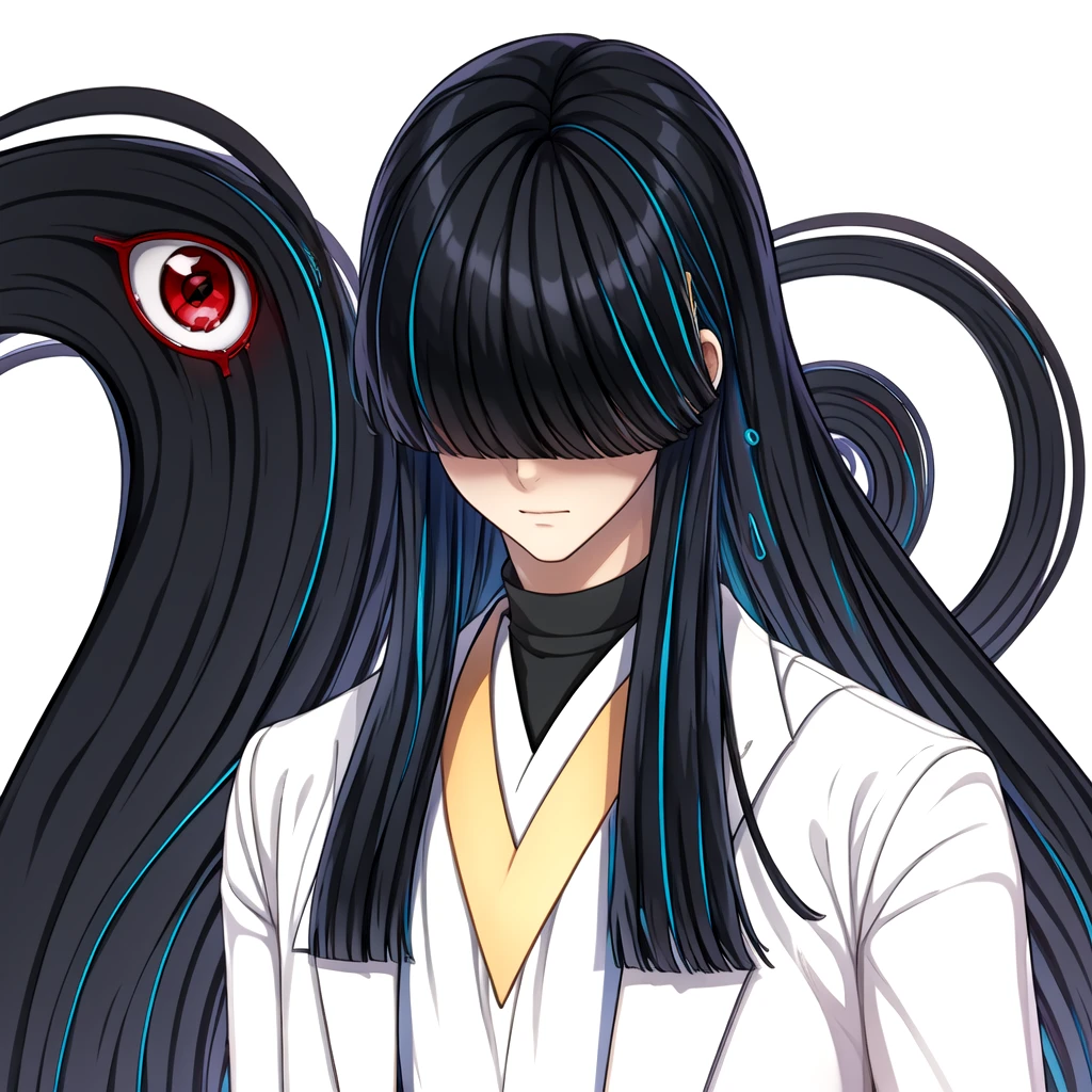 (masterpiece:1.2, best quality)  <lora:RObagot-000009:1> 1boy, black hair, eye on hair, bangs covering eyes, white outfit
