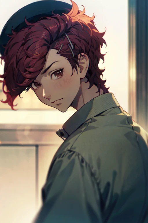 photorealistic, (4k), depth of field, (Masterpiece), (realistic skin texture), extremely detailed, intricate, hyper detailed, high resolution, professional photography, bokeh, depth of field, sharp detail, best quality, , 1boy, solo, male focus, <lora:atsushi_sendou:1>, atsushi_sendou, red hair, brown eyes, short hair, hairclip, straight-on, shirt, , , cloche hat, feudal japan, High resolution