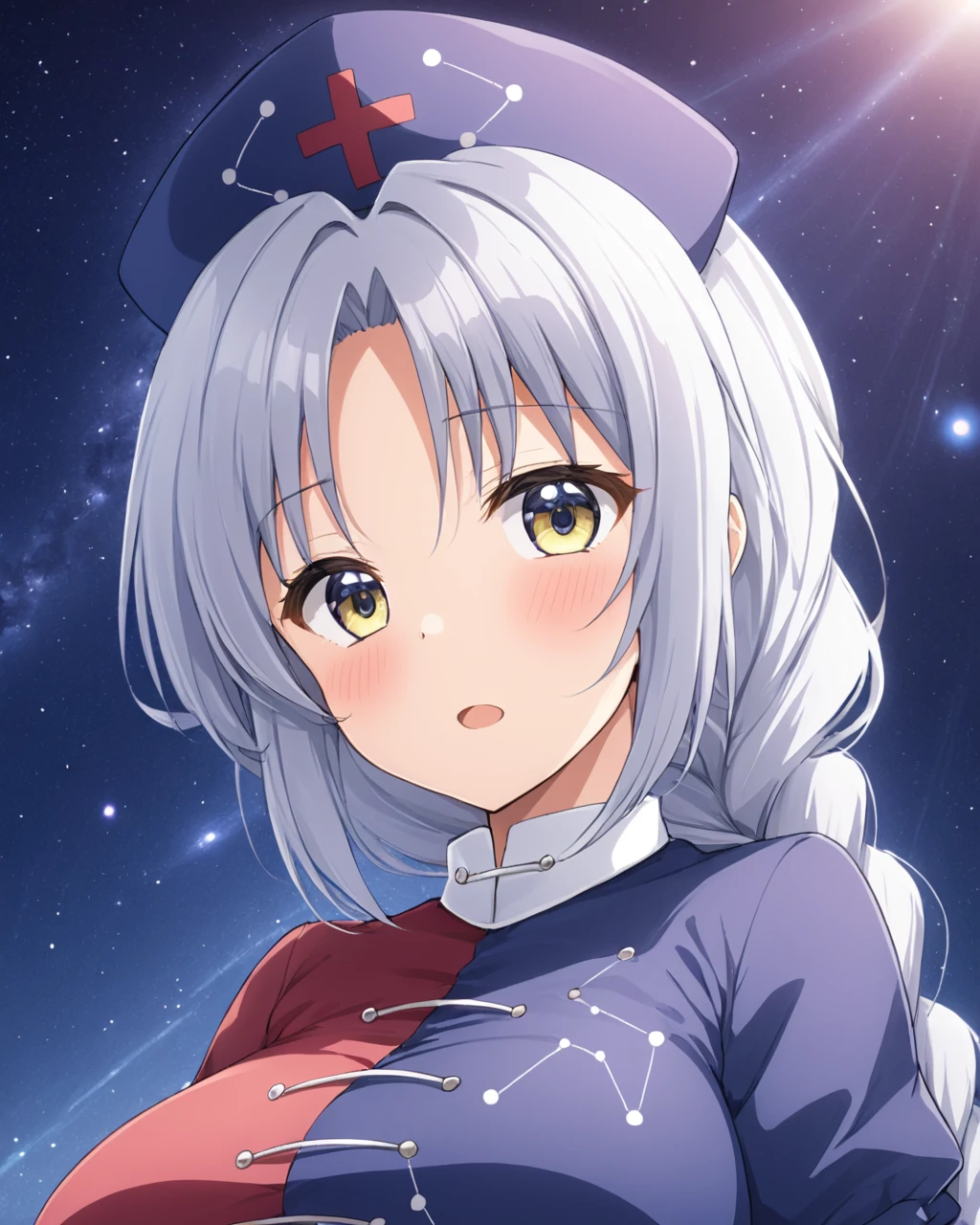 yagokoro eirin,1girl, solo, blush, nurse_cap, large_breasts, looking_at_viewer, upper_body, constellation, cross, single_braid, open_mouth, multicolored_dress
<lora:yagokoro_eirin_image2417_2023-12-20-000010:1>,star-shaped_pupils,symbol-shaped_pupils,. gorgeous,key visual, vibrant, studio anime,award-winning, professional, highly detailed,high budget, cinemascope