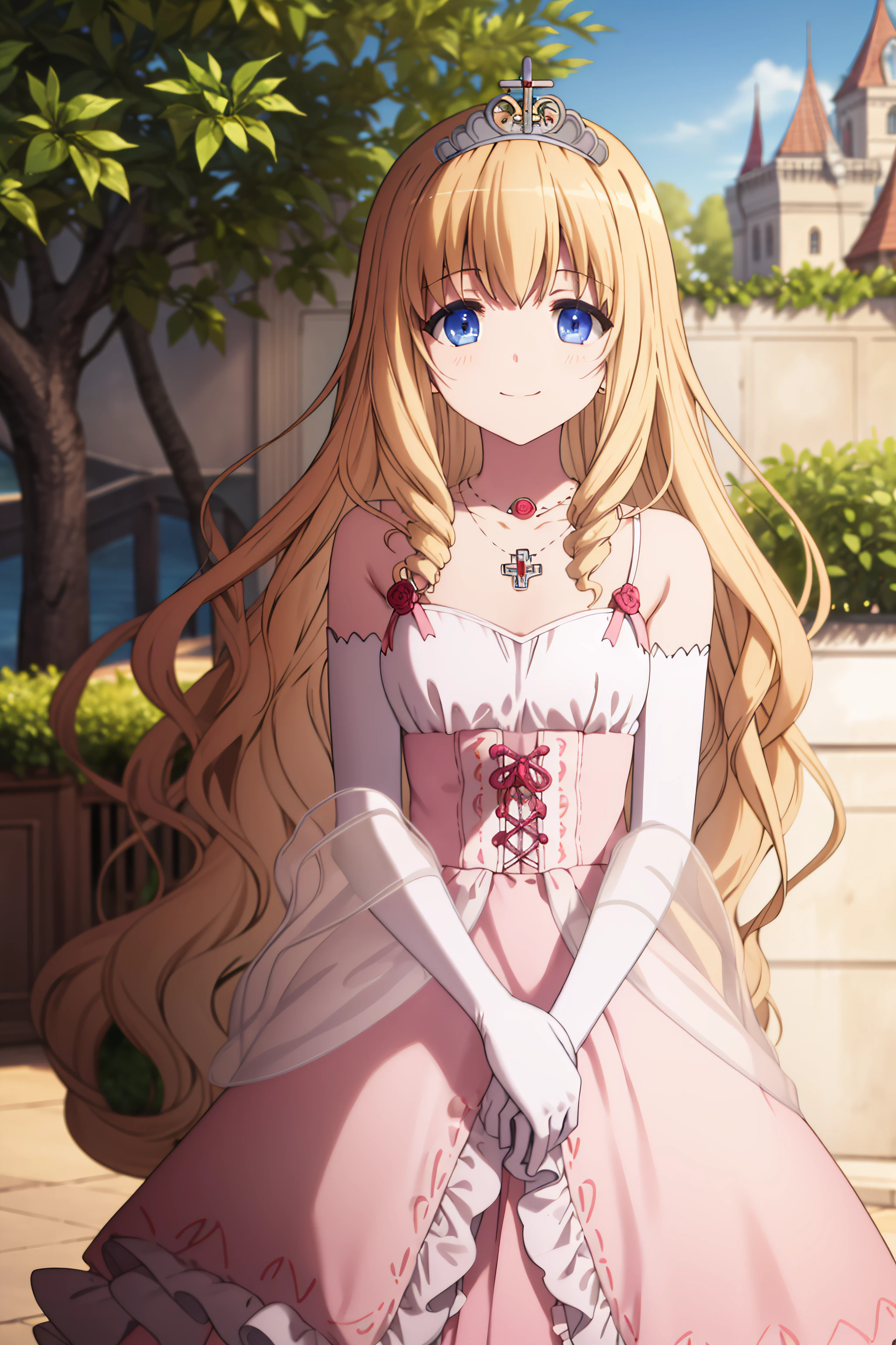 best quality, masterpiece, detailed,
<lora:AmagiBrilliantPark_LatifaFleuranza:0.8>, LatifaFleuranza,
solo, light smile,
blonde hair, blue eyes, very long hair, tiara,
LatifaDress, pink dress, bare shoulders, elbow gloves, necklace,
standing, looking at the viewer,
outdoors, castle, garden, fountain
