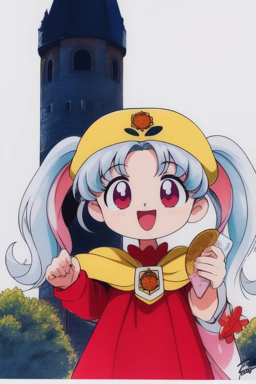 <lora:Silver_Oujo:0.8>SilverOujo, 1girl, solo, smile, open mouth, twintails, yellow headwear, traditional media, hat, long hair, red eyes, :d, looking at viewer, signature, white background, blue hair, upper body,
castle in the room, 1girl, soro, chibi,
masterpiece, high quality, very_high_resolution, large_filesize, full color, 1990s \(style\), anime, anime_screencap, animated gif, mp4 ,video, animated,