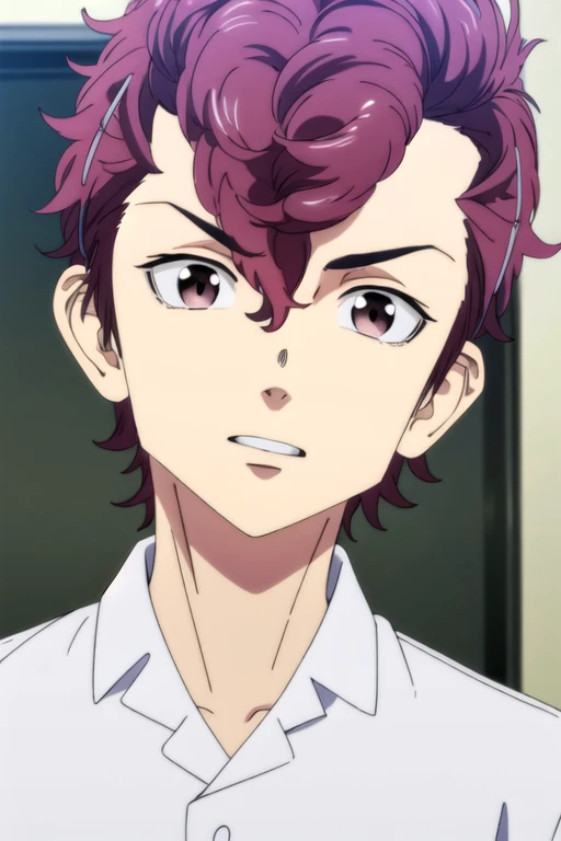 (best quality:1.1), (masterpiece:1.4), sketch, looking at viewer, upper body, , , , 1boy, solo, male focus, <lora:atsushi_sendou:0.94>, atsushi_sendou, red hair, brown eyes, short hair, hairclip, straight-on, shirt, parody