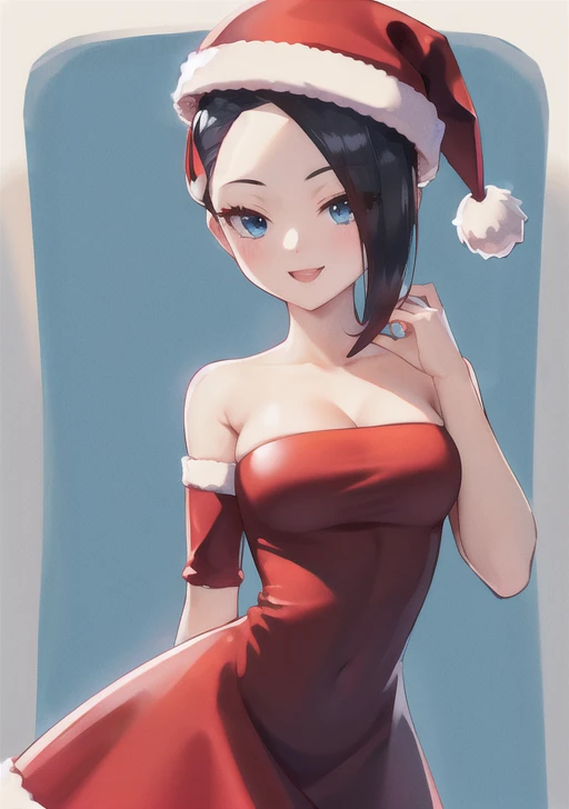 <lora:mai:0.7>,mai, 1girl, breasts, looking at viewer, smile, short hair, blue eyes, black hair, hair ornament, strapless, red dress, ;d, christmas, strapless dress, red headwear, santa hat, santa costume, fur-trimmed dress, red sleeves, bow-shaped hair, santa dress,