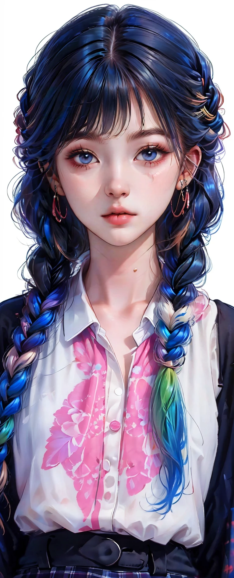 1girl,
high quality,masterpiece,
Makeup,<lora:Makeup:0.8>,checkered shirt,
short hair,upper_body,twin braids,multicolored hair,