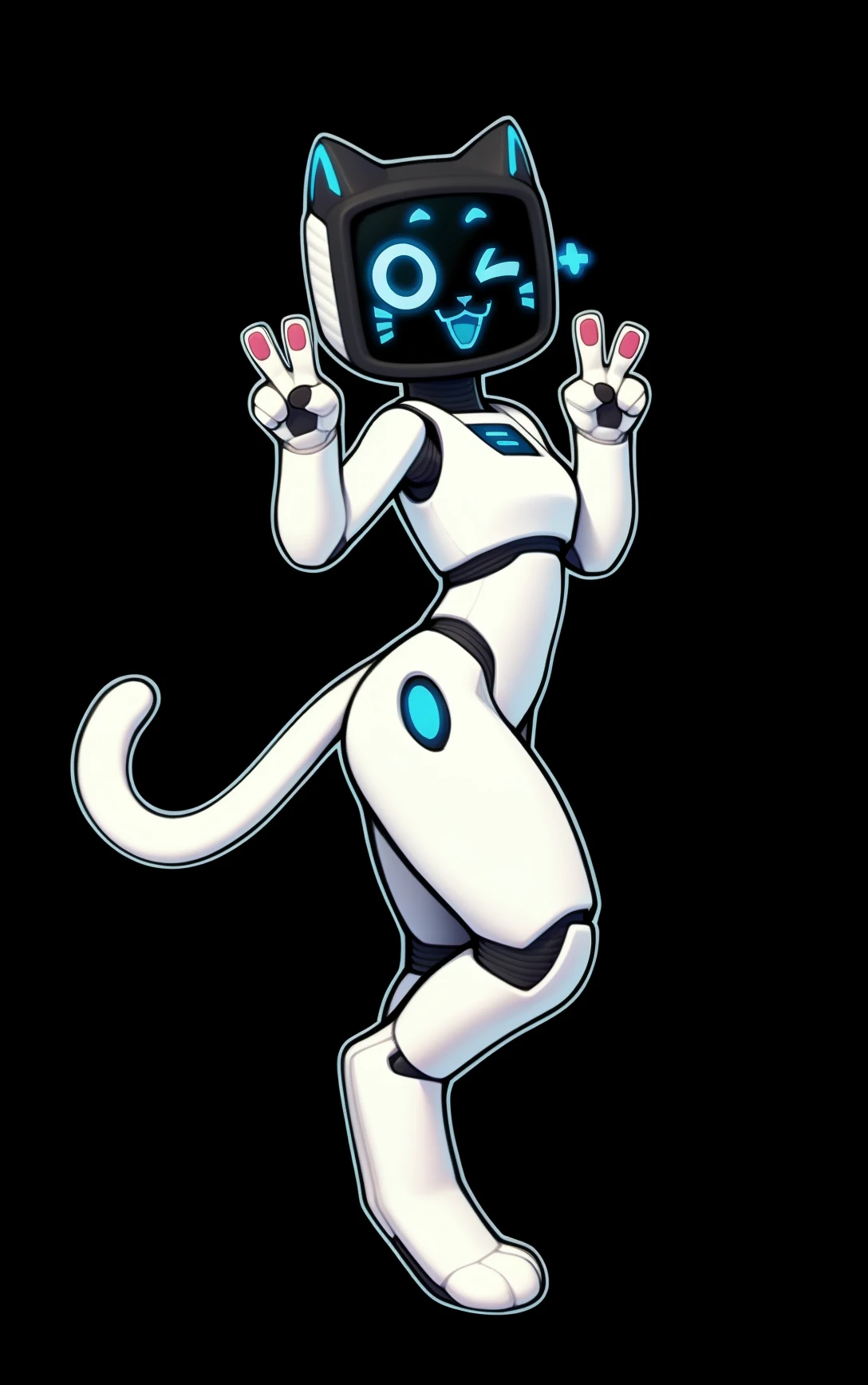 snowskau,kerfus,robot ,cat, (screen face:1.1), curvy, female, white body with black, black face with blue, tail, side view, feet, (wink, one eye closed:1.1), mouth open, v sign, standing <lora:kerfus v2:1>, posing