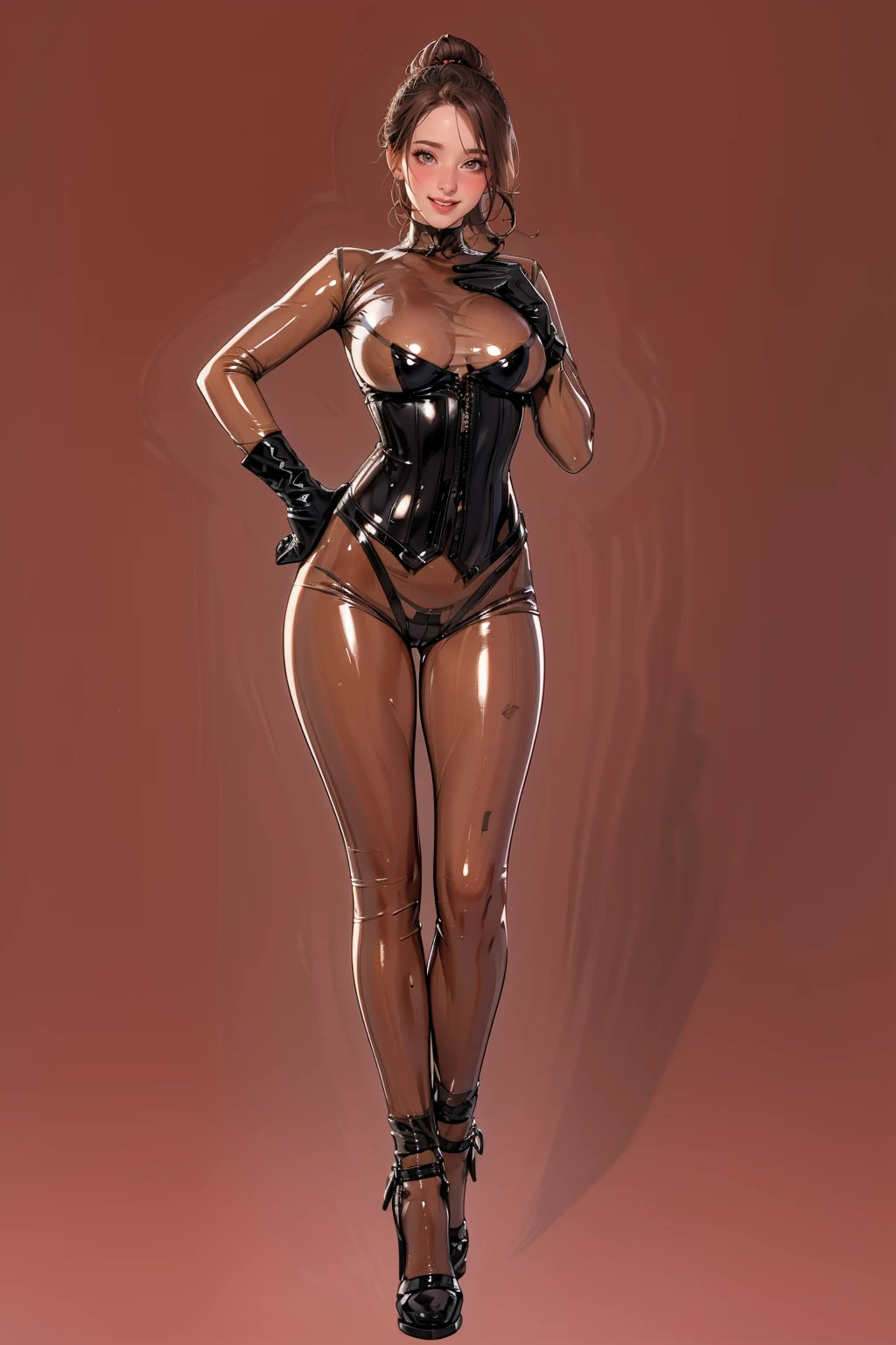 1girl,solo,(full body:1.3),outdoors,<lora:GoodHands-æbeta2:1>,<lora:corset gelcoat_v1:0.7>, ruanyi012,latex leotard,, (masterpiece, best quality, hires, high resolution:1.2), (extremely detailed, realistic, intricate details, highres), 3d, cg,  bbw, shiny skin, (laughing:1.4), blush,, eyeliner, eyeshadow, eyelashes, bun, (gigantic breasts, saggy breasts:1.1), (cinematic lighting, sunlight, volumetric), looking at viewer, simple red background, vintage fantasy, 1960s \(style\), film grain,
