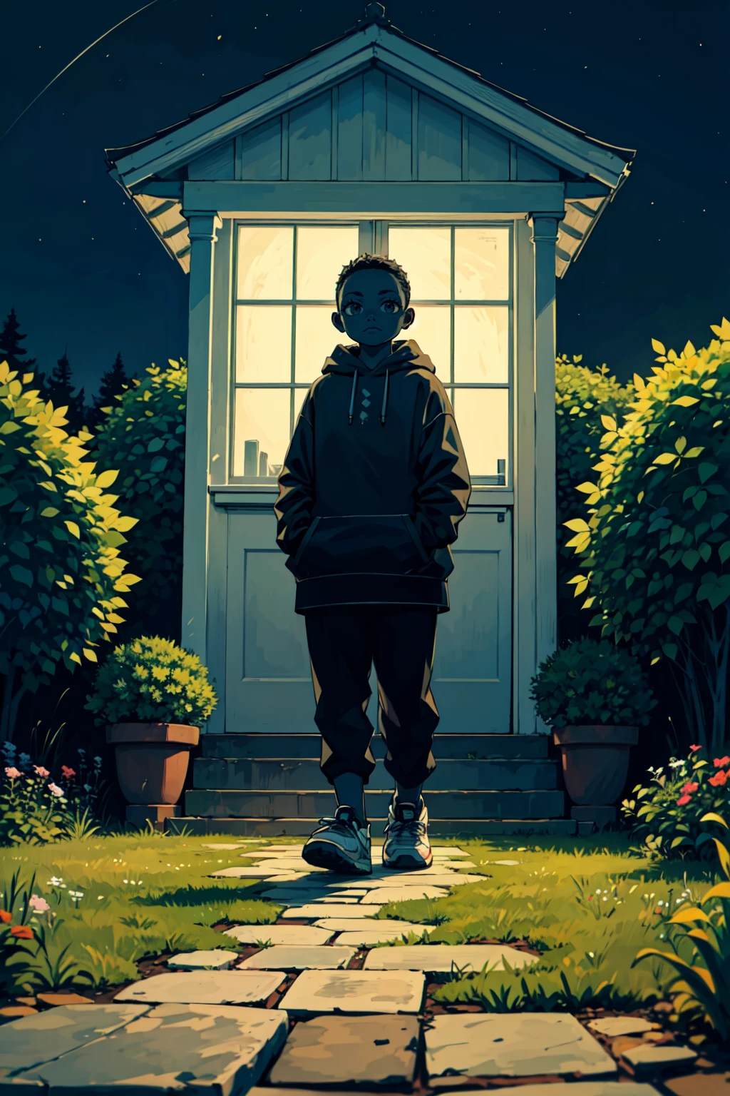 curvy 12 year old female facing down, asymmetrical   forehead,   glowing eye,     (completely black skin), chubby body    lovely small breasts,    ivory Hoodie, mauve Straight Pants, sneakers, BREAK  Green lawn, small house, flowers, trees, small garden, windows, nature, peace, quietness, night, night time, dark outside, dark,  (best quality:1.1),