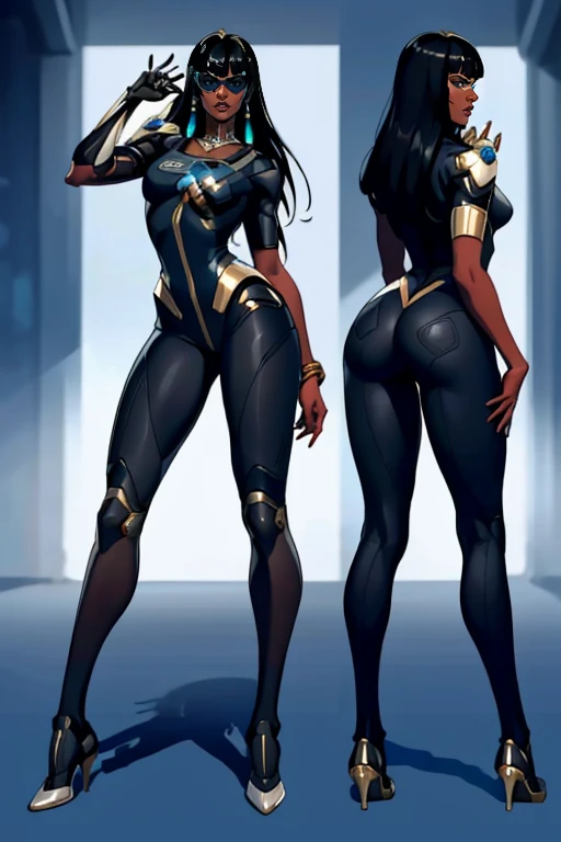 masterpiece,best quality,extreme detail,8k,image sharpness,<lora:Symmetra:0.8>, symmetra2,1girl,long hair,breasts,bangs,black hair,jewelry,full body,ass,dark skin,blunt bangs,high heels,dark-skinned female,bodysuit,multiple views,sunglasses,science fiction,cyborg,full body,