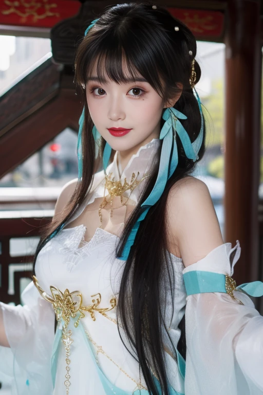 ltra-detailed,highly detailed,best quality,masterpiece,illustration,realistic,photorealistic,
suwen, 1girl, solo, cosplay, mole,
hanfu,chinese clothes, necklace, bare shoulders, white dress, detached sleeves, long sleeves, detached collar,
hair ornament, hair ribbon, hair flower, jewelry,
long hair, brown hair, bangs,
looking at viewer,upper body,
simple background,
<lora:suwen_06:1.0>
