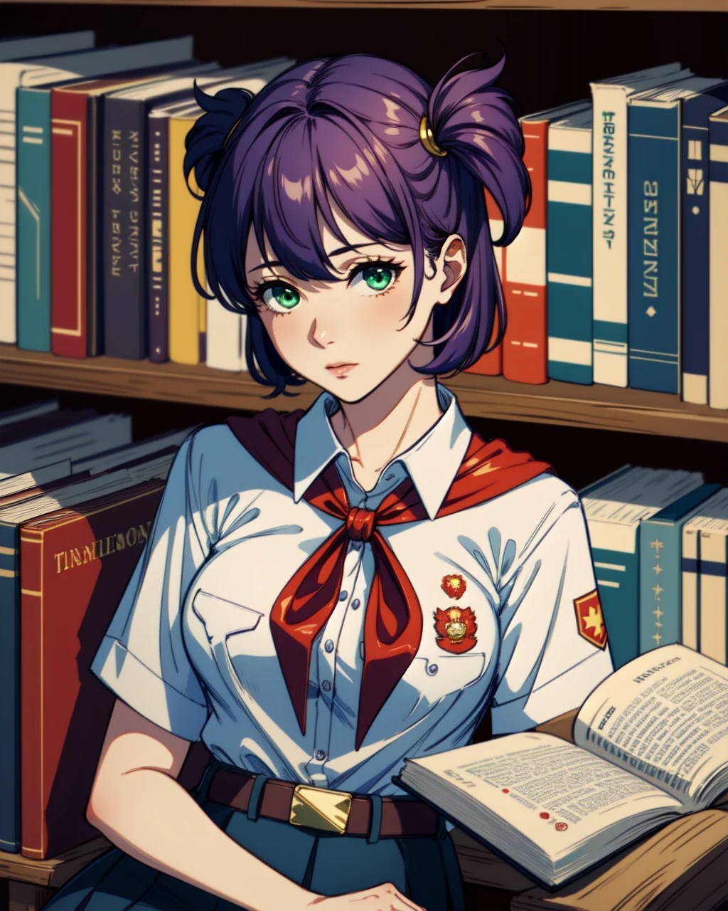 masterpiece, high quality, 1girl, bllena, medium shot, upper body, green eyes, purple hair, twintails, white shirt, medium hair, red badge on shirt, red bow-tied neckerchief, leather belt, blue skirt, yellow hairpin, sitting, book, book in hands, indoors, library, <lora:bllena-000006:0.75>, <lora:add_detail:0.5>