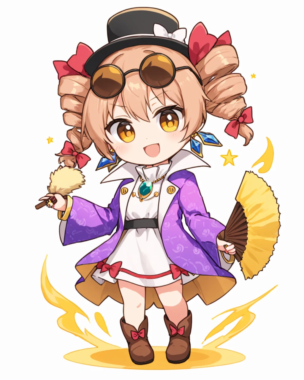 yorigami jo'on,1girl, eyewear_on_head, sunglasses, ring, earrings, twin_drills, chibi, white_background, simple_background, white_dress, round_eyewear, open_mouth, full_body, holding_fan, boots, hat_bow, bangle, necklace, solo, high_collar, smile, ribbon, floral_print, brown_footwear, pendant, mini_top_hat, folding_fan, long_sleeves, purple_coat, upper_teeth_only, aura, black_headwear, looking_at_viewer, white_bow, standing, red_bow, purple_jacket
<lora:yorigami_jo'on_image1462_2023-12-20-000014:1>,star-shaped_pupils,symbol-shaped_pupils,. gorgeous,key visual, vibrant, studio anime,award-winning, professional, highly detailed,high budget, cinemascope