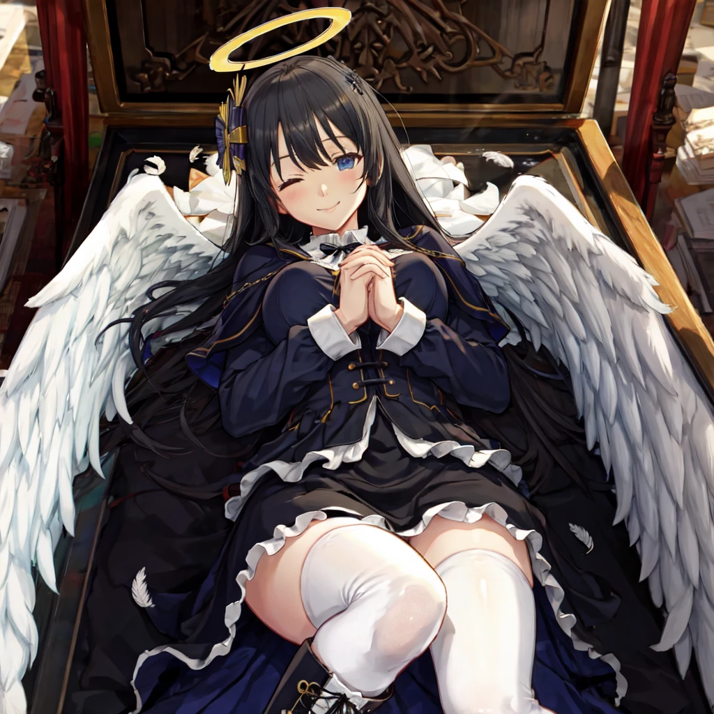 upper body, up view, from up, lying, lies in a coffin, white coffin, flying feathers around, eyes half closed, smile, masterpiece, higres, best quality, blurry, 3D, Ryoki, 1girl, blue eyes, large breasts, black hair, very long hair, long hair, flower, long sleeves, blue dress, very long skirt, white thighhighs, boots, frills, knee boots, capelet, halo, bow, feathered wings, angel wings, wings, angel,   <lora:Ryoki1_lora-07:0.8>  <lora:more_details:0.4>   prayhands, interlocked fingers, own hands together,   <lora:prayhands3:0.5>