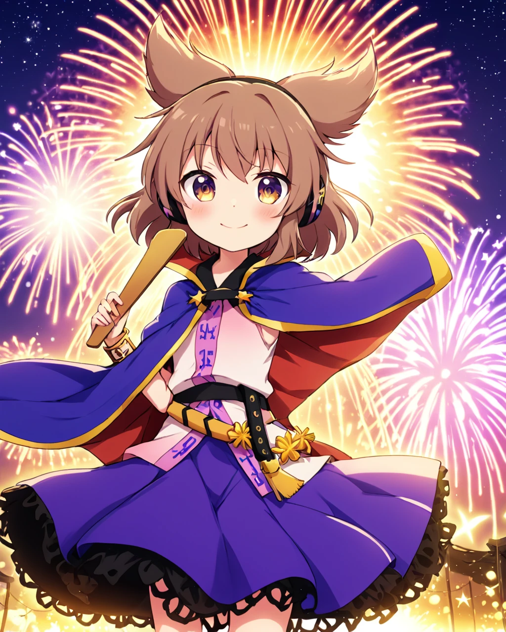 toyosatomimi no miko,1girl, solo, fireworks, ritual_baton, smile, looking_at_viewer, purple_skirt, purple_cape, shirt, bracelet, cowboy_shot, blush, earmuffs, holding_stick, night, sky
<lora:toyosatomimi_no_miko_image4798_2023-12-20-000009:1>,star-shaped_pupils,symbol-shaped_pupils,. gorgeous,key visual, vibrant, studio anime,award-winning, professional, highly detailed,high budget, cinemascope