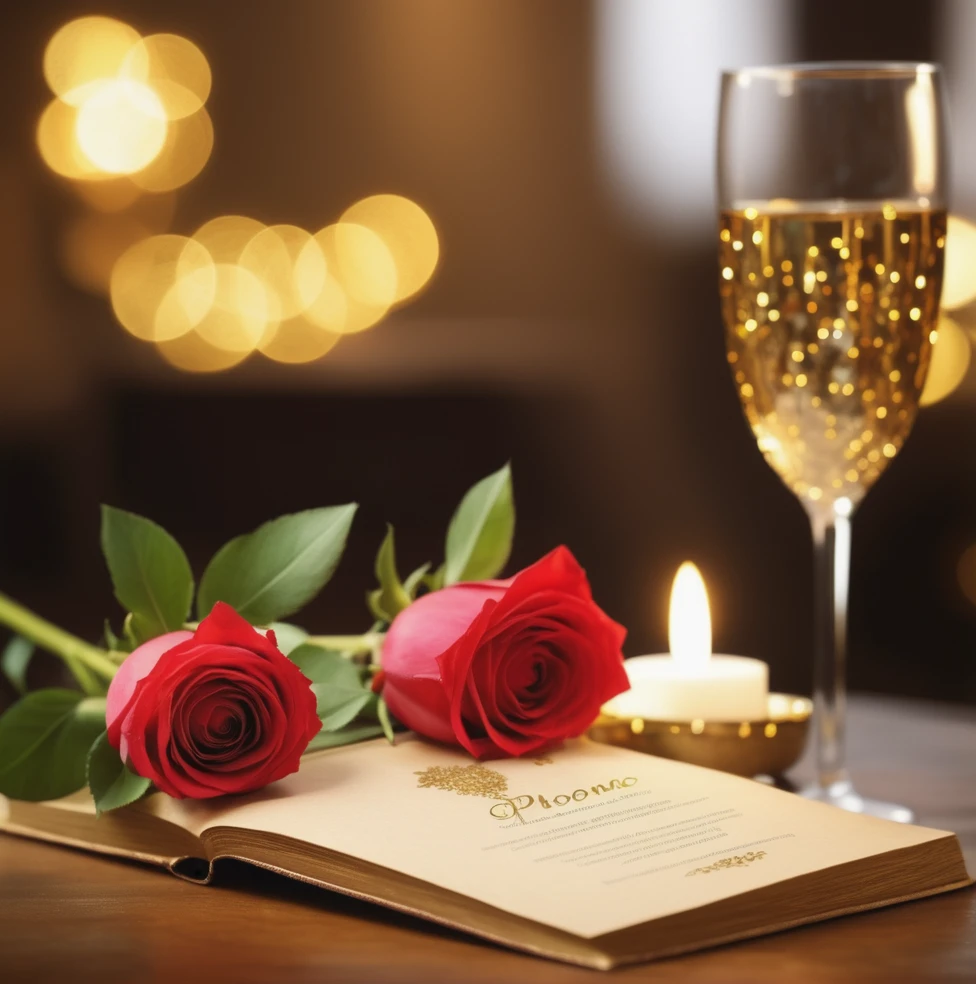 table, the text "Photo Realistic" Romantic, Realism, lighting, gilded technique, DOF, bokeh