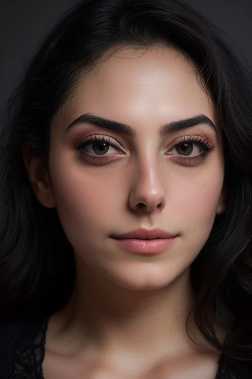 Portrait d'une belle fille occidentale voilée aux cheveux longs, avec un bel exotique, enveloppé dans une écharpe noire, avec du noir, habillé avec des vêtements longs et fluides, très attrayant et beau, Excellent lighting, couleurs vives, Des lignes épurées, cinematic, Illuminated, Maquillage du visage arabe, Beaux bijoux