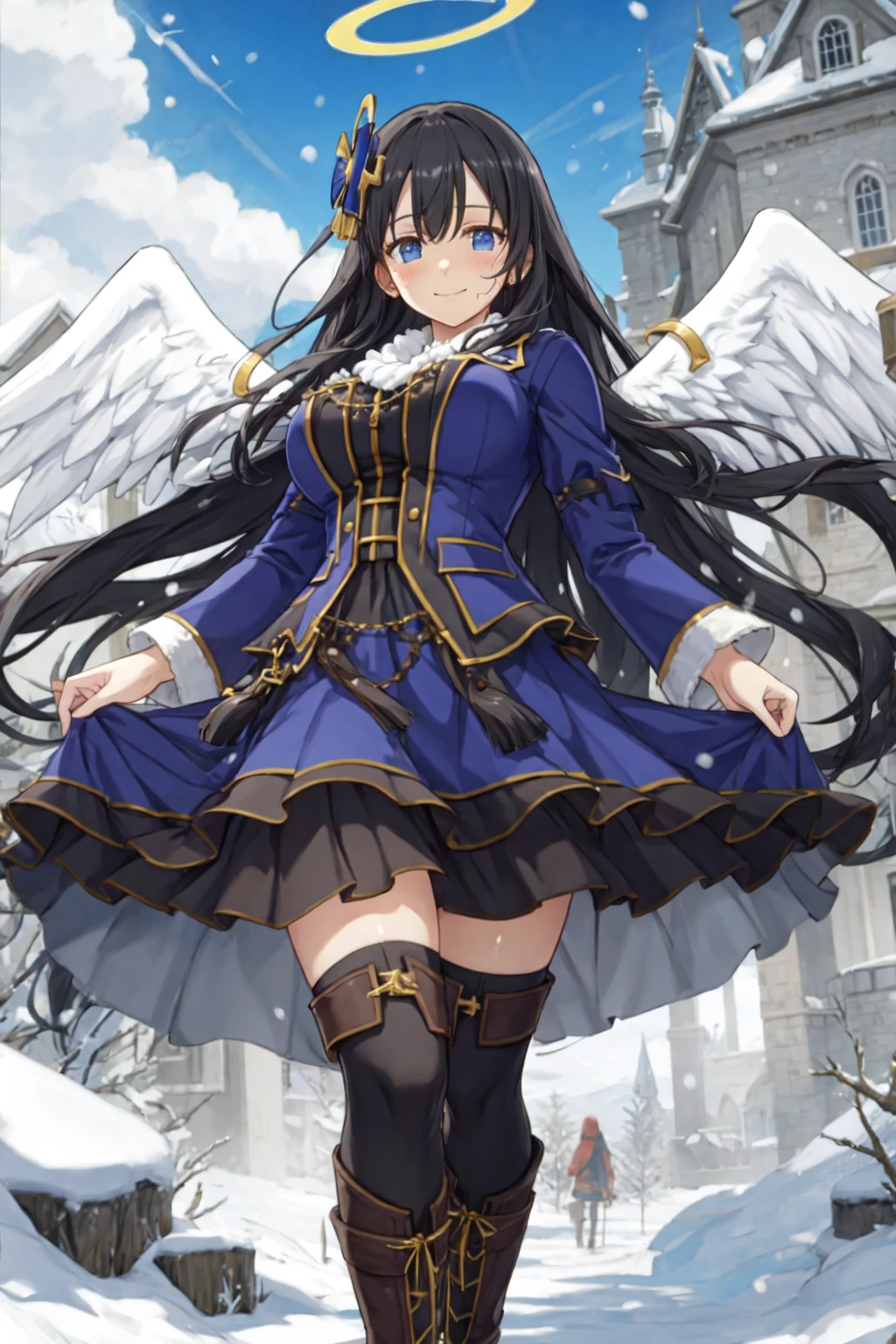 outdoors, castle, blue sky, sunny, winter, snow, rowan trees, portrait, standing, feathers around, masterpiece, higres, best quality, smile, looking at viewer, blush, Ryoki, blue eyes, large breasts, black hair, very long hair, long hair, flower, long sleeves, blue dress, very long skirt, white thighhighs, boots, frills, knee boots, halo, bow, feathered wings, angel wings, <lora:Ryoki1_lora-07:0.8> <lora:add_detail:0.4> fcHeatPortrait
