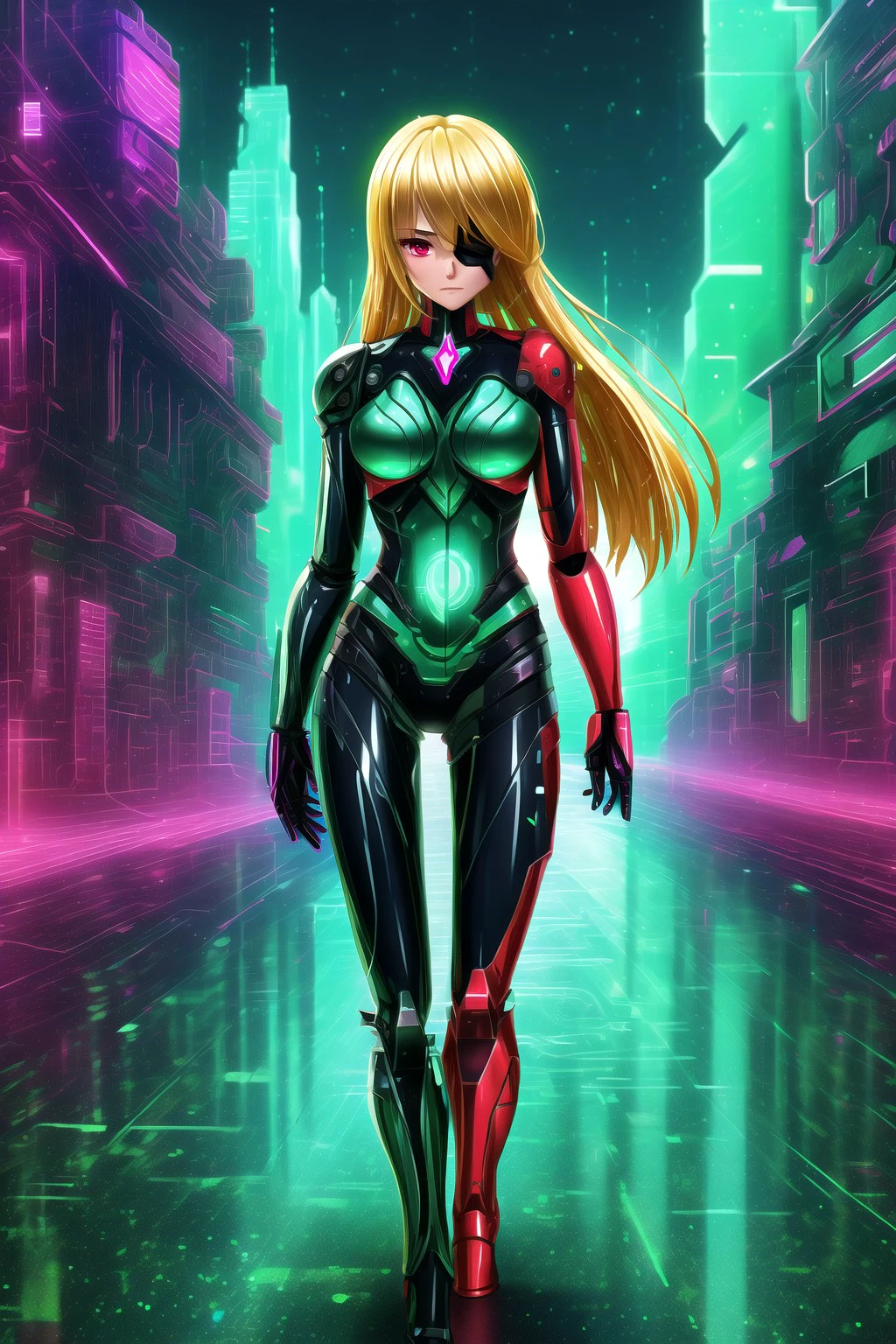 <lora:DonMCyb3rSp4c3-000010:1.0> <lora:shirli_x_nemesis_lora:0.85> masterpiece, best quality, absurdres, high quality, best quality, ultra high res, 1girl, solo, nemesis, red eyes, blonde hair, eyepatch, hair over one eye, one eye covered, long hair, cyborg, mechanical arms, mechanical legs, bodysuit, red bodysuit, multicolored bodysuit, standing, full body, looking at viewer, depth of field, outdoors, night, street, buildings, cyberpunk, DonMCyb3rSp4c3, glowing neon,