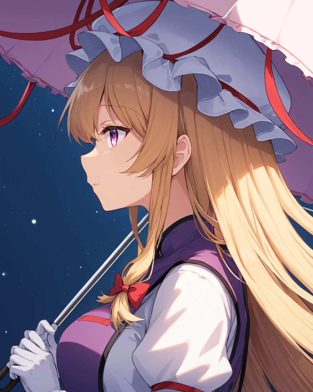 yakumo yukari,1girl, solo, mob_cap, gap_\(touhou\), holding_umbrella, white_gloves, hat_ribbon, looking_at_viewer, upper_body, tabard, long_sleeves, white_headwear, red_ribbon, from_side, sideways_glance, sidelocks, white_dress, profile, bow, parasol, parted_lips, puffy_sleeves, breasts
<lora:yakumo_yukari_image6089_2023-12-20-000007:1>,star-shaped_pupils,symbol-shaped_pupils,. gorgeous,key visual, vibrant, studio anime,award-winning, professional, highly detailed,high budget, cinemascope