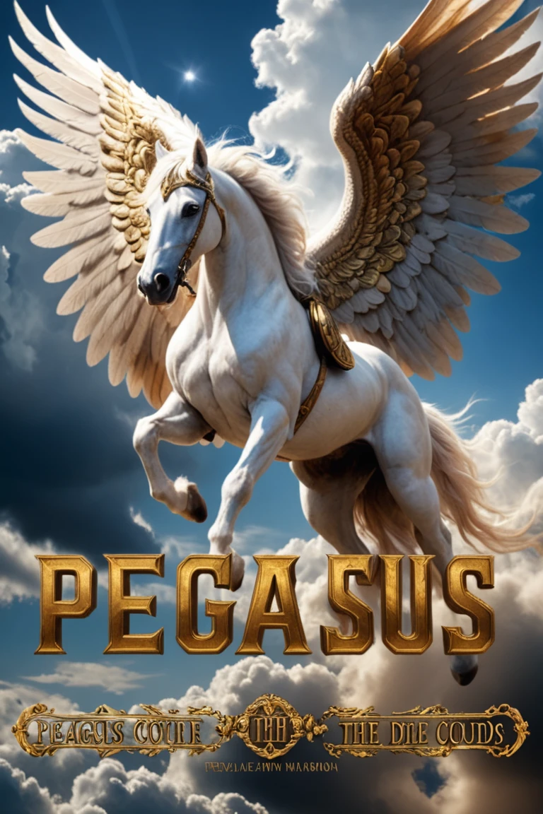 cinematic photo (movie poster with title banner text logo "PEGASUS":1.5), Pegasus through the clouds, by Rolf Armstrong and Evelyn De Morgan and Bastien Lecouffe-Deharme, dramatic lighting, high contrast colors, baroque, empyrean, panoramic view, as trending on Artstation, highly detailed, doom engine,, 35mm photograph, film, bokeh, professional, 4k, highly detailed