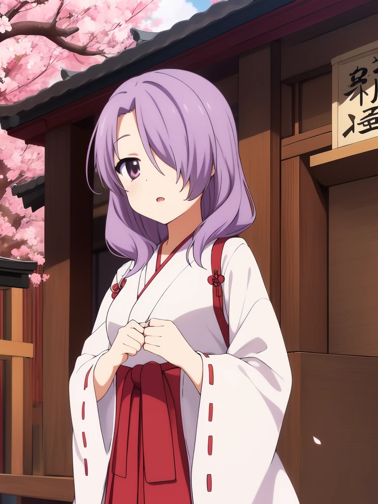<lora:Nanako_Pleiades:0.8>Nanako, purple_hair,   hair_over_one_eye,  purple_eyes, medium_hair, long_hair,
japanese white clothes, miko, red hakama, shrine, cherry blossom,
masterpiece, high quality, very_high_resolution, large_filesize, full color,