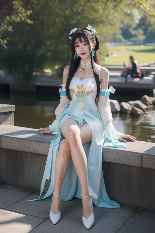 ltra-detailed,highly detailed,best quality,masterpiece,illustration,realistic,photorealistic,
suwen, 1girl, solo, cosplay, mole,
hanfu,chinese clothes, necklace, bare shoulders, detached sleeves, long sleeves, detached collar, shoes,
hair ornament, hair ribbon, hair flower, jewelry,
long hair, brown hair, bangs,
looking at viewer,full body, sitting,
photo background,river,
<lora:suwen_06:0.7>
