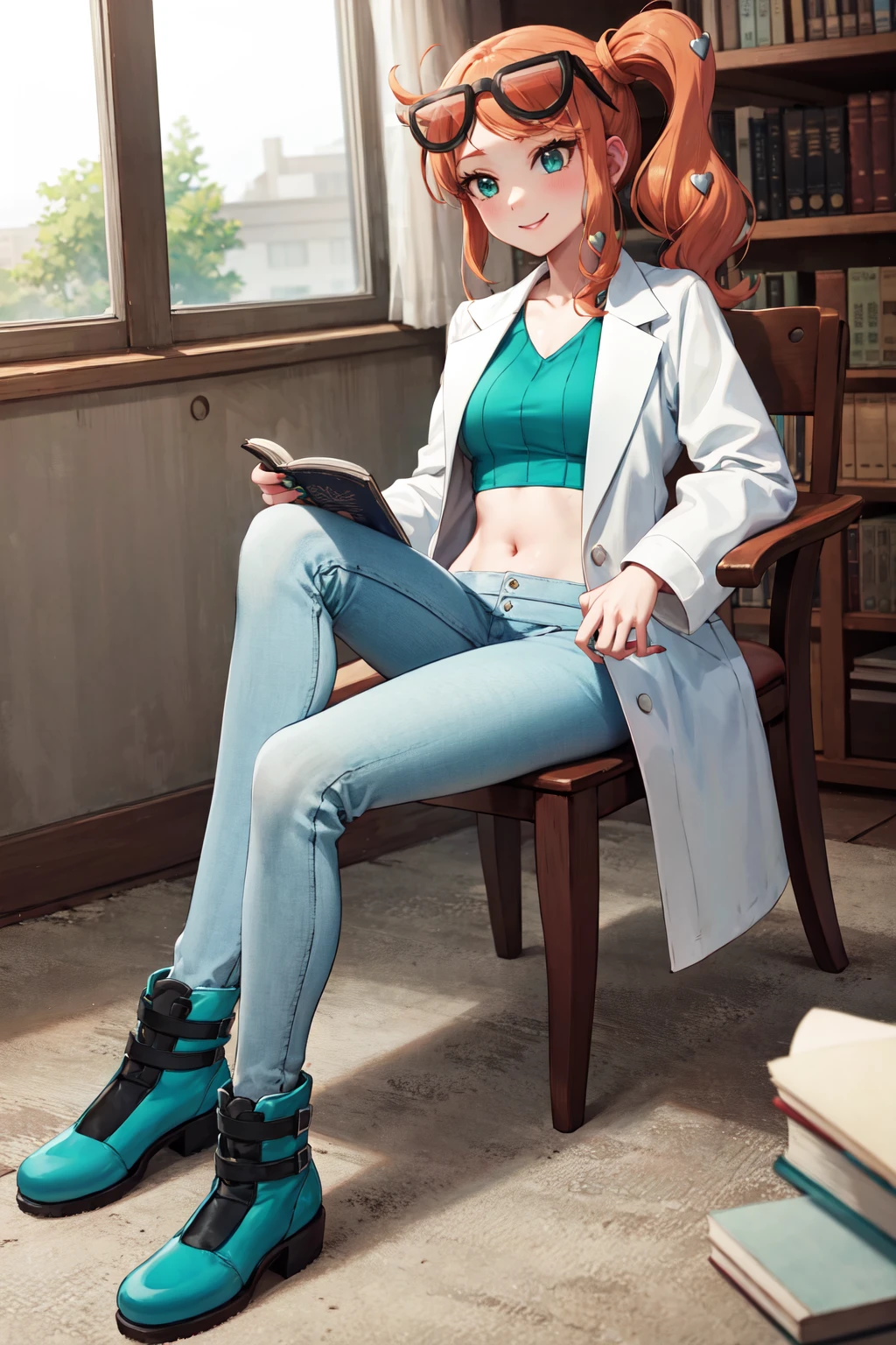 masterpiece,best quality,highres,ultra-detailed,bbsonia,eyelashes,long hair,side ponytail,heart hair ornament,eyewear on head,sunglasses,coat,labcoat,crop top,ribbed shirt,green shirt,long sleeves,nail polish,pants,high heel boots,green footwear,<lora:sonia_(pokemon):0.8>,indoors,book,(holding book:1.2),smile,sitting,chair,