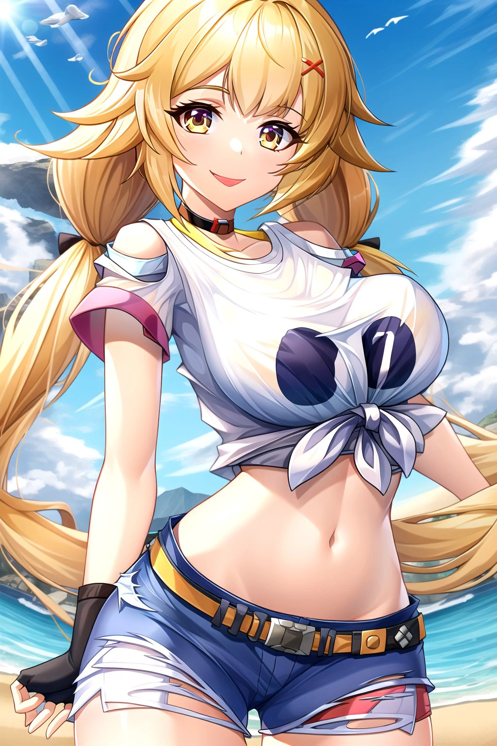 <lora:shirli_x_nemesis_lora:1.0> masterpiece, best quality, absurdres, high quality, best quality, ultra high res, 1girl, solo, shirli, yellow eyes, blonde hair, long hair, very long hair, twintails, low twintails, choker, clothing cutout, crop top, cutoffs, midriff, arm warmers, belt, denim, denim shorts, blue shorts, exposed pocket, white shirt, undershirt, fingerless gloves, front-tie top, navel, shirt, short shorts, shorts, shoulder cutout, stomach, thighs, large breasts, light smile, eyelashes, standing, cowboy shot, looking at viewer, depth of field, outdoors, nature, tower, cloudy,