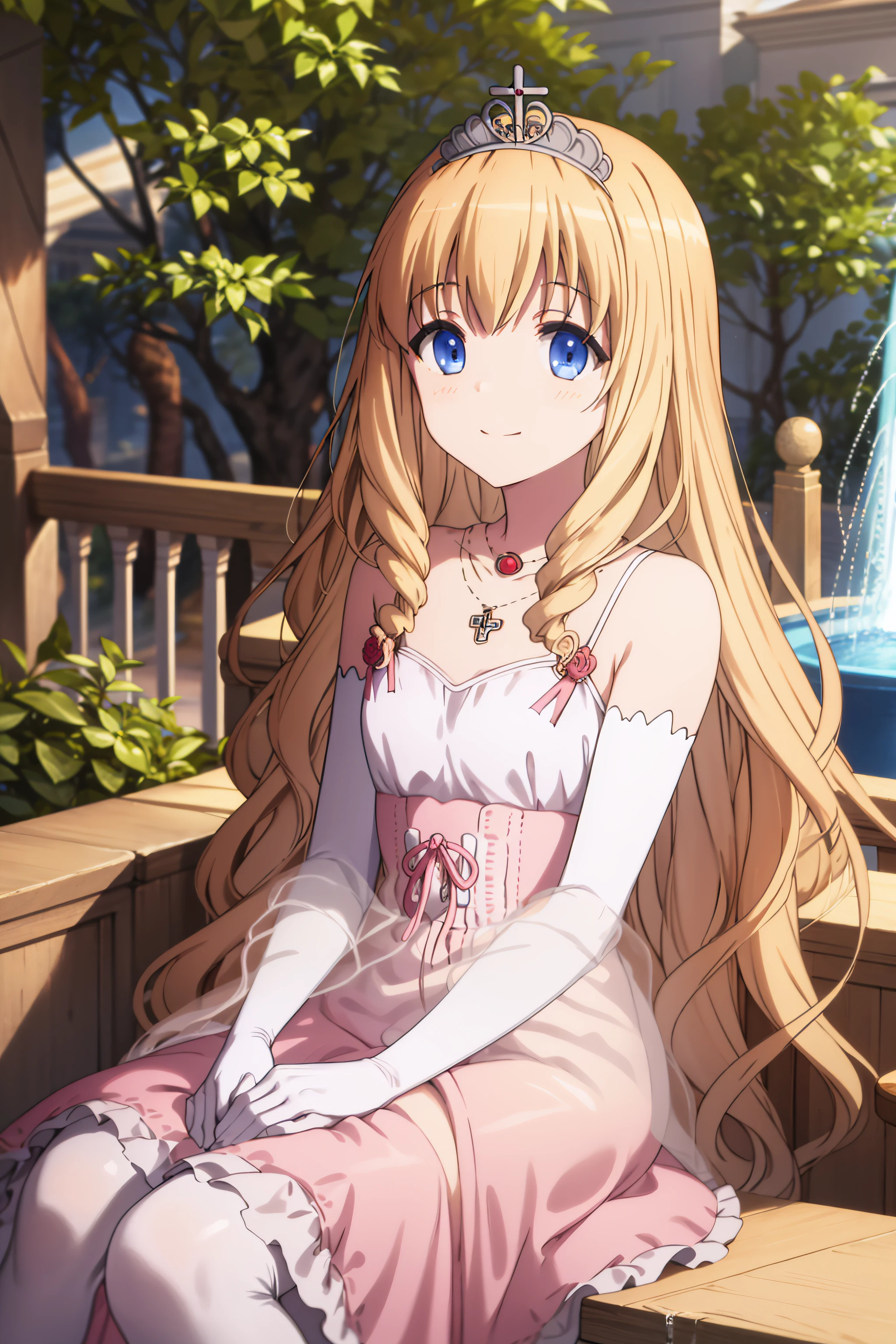 best quality, masterpiece, detailed,
<lora:AmagiBrilliantPark_LatifaFleuranza:0.8>, LatifaFleuranza,
solo, light smile,
blonde hair, blue eyes, very long hair, tiara,
LatifaDress, pink dress, bare shoulders, elbow gloves, necklace,
sitting, looking at the viewer,
(day:1.2), garden, (fountain:1.3)