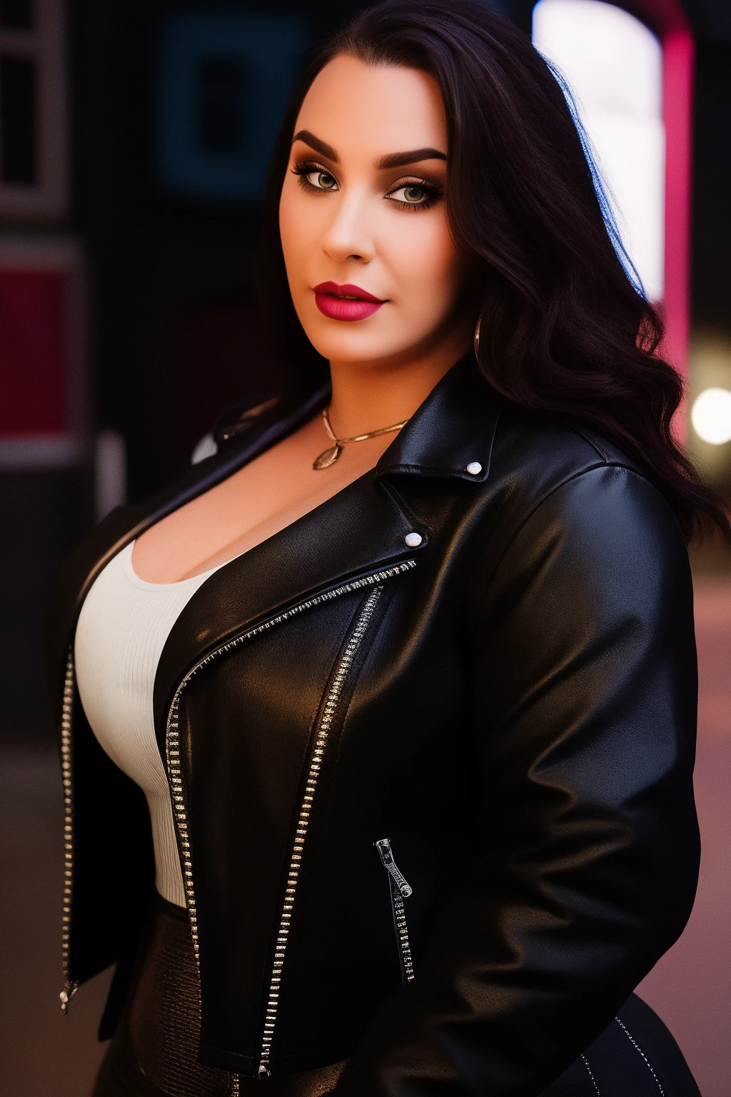 <lora:RomiChase:1.1> portrait of romichase, (curvy:0.8), black biker jacket, night, london street, highly detailed, 8k