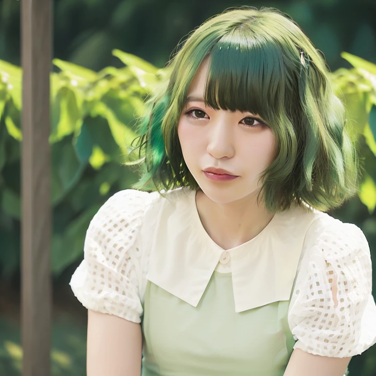 lulu, 1girl, solo,(((green hair))), curly hair, short hair,white, background,<lora:lulu:0.8>,upper body,