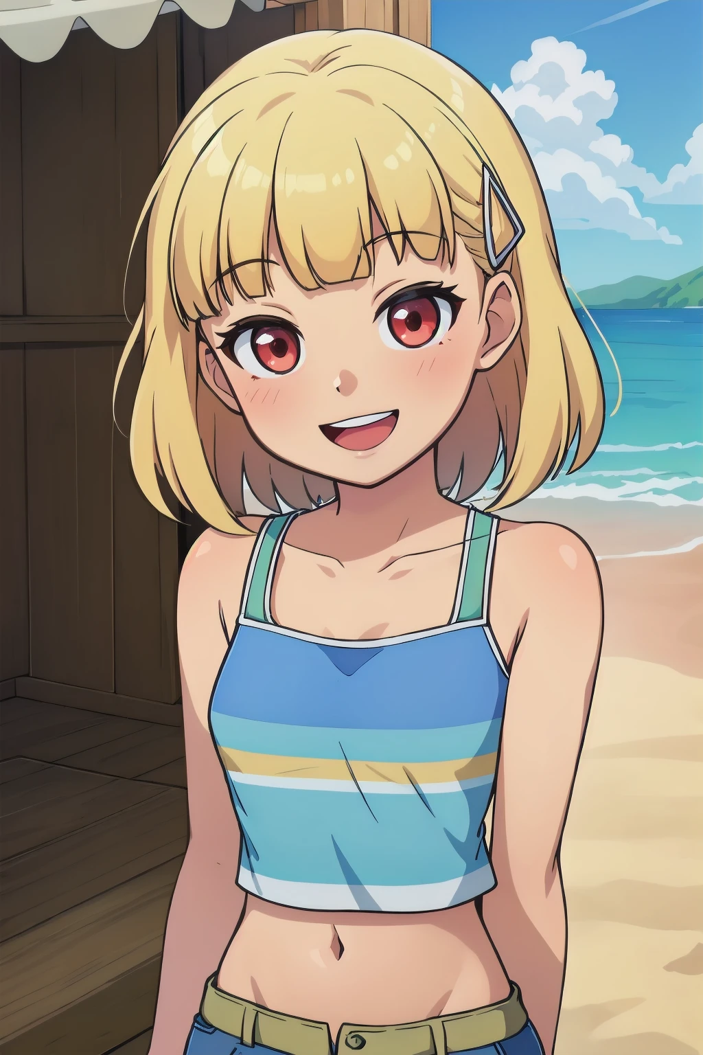 portrait, sharp focus, soft lighting, illustration, depth of field, outdoors, beach, blue sky, rosetta1, 1girl, solo, happy, :D smiling, short hair, blonde hair, red eyes, blunt bangs, hairclip, bare shoulders, striped, tank top, shorts, <lora:rosetta1-000003:0.75> <lora:ManyakisStyle:0.35>