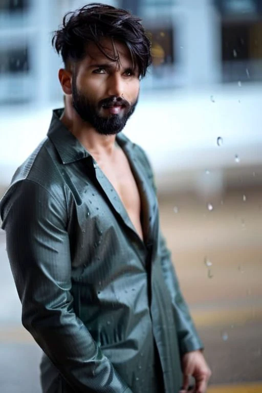 shahid kapoor a man <lora:shahid-kapoor:1>, wearing a rain coat, crop top, city street, bokeh, homoerotic, rainy day,