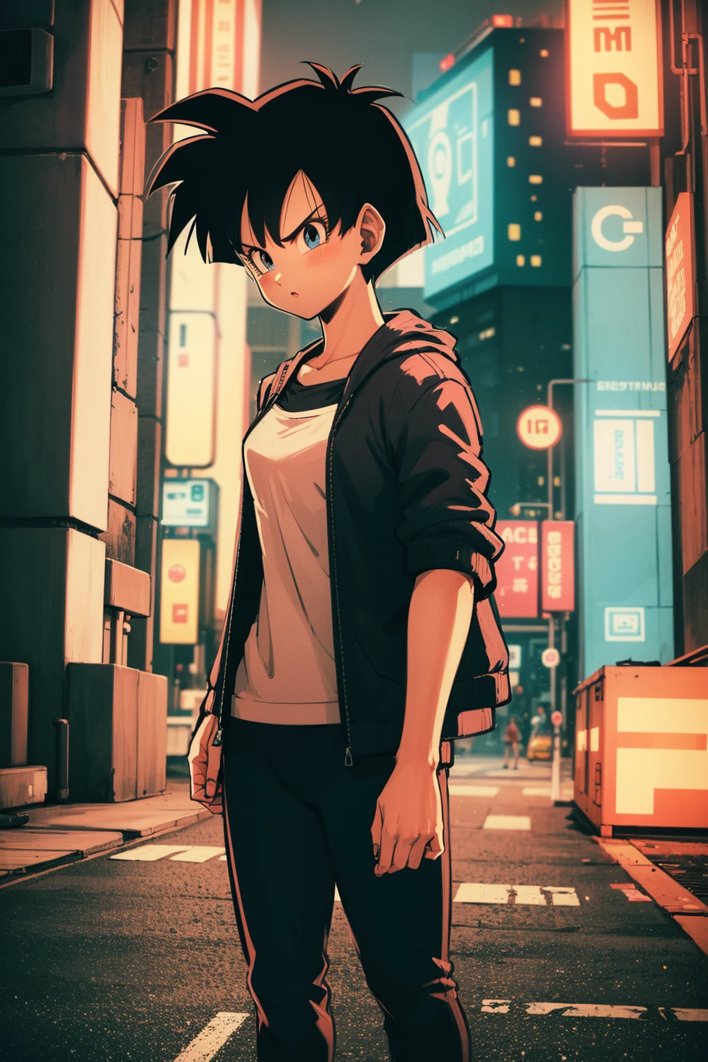 masterpiece, best quality, 1girl, videl, black hair, short hair, blue eyes, jacket, pants, serious, looking at viewer, solo, cyberpunk, solo, neon light, night, cyberpunk city background <lora:Videl:1>