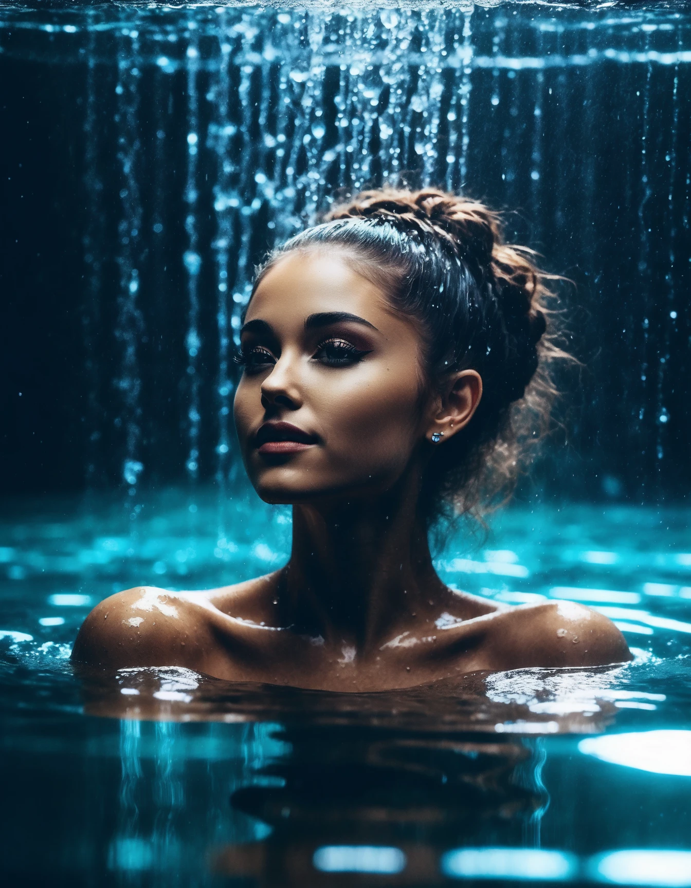 cinematic photo Portrait of a beautiful (((ohwx woman))) , drenched body, emerging from the water, dark fantasy, regal, fractal crystal, fractal gemstones, by stanley artgerm lau, thomas kindkade, loish, norman rockwell <lora:grande_dh128_v1-step00007000:1.05> . 35mm photograph, film, bokeh, professional, 4k, highly detailed