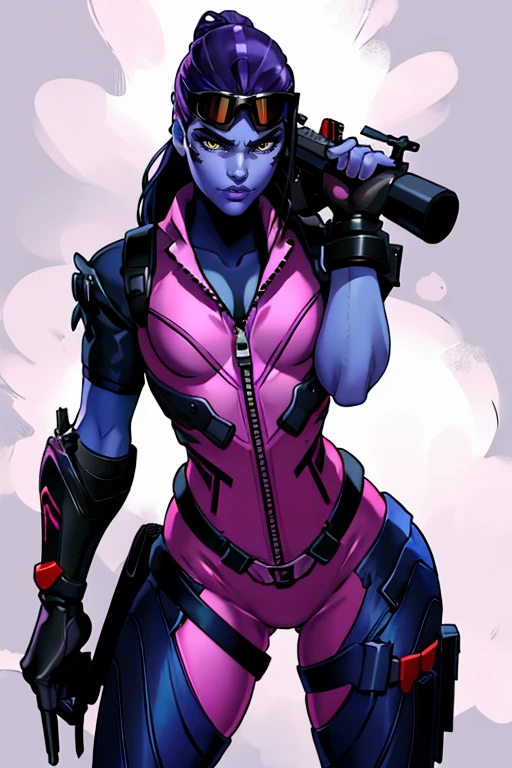 masterpiece,best quality,extreme detail,8k,image sharpness,<lora:widowmaker-10:0.8>, widow2,1girl,solo,long hair,breasts,looking at viewer,gloves,standing,yellow eyes,weapon,purple hair,cowboy shot,artist name,official alternate costume,lips,gun,bodysuit,makeup,alternate hairstyle,colored skin,watermark,goggles,web address,rifle,zipper,goggles on head,hair down,nose,blue skin,purple skin,sniper rifle,purple lips,pink bodysuit,