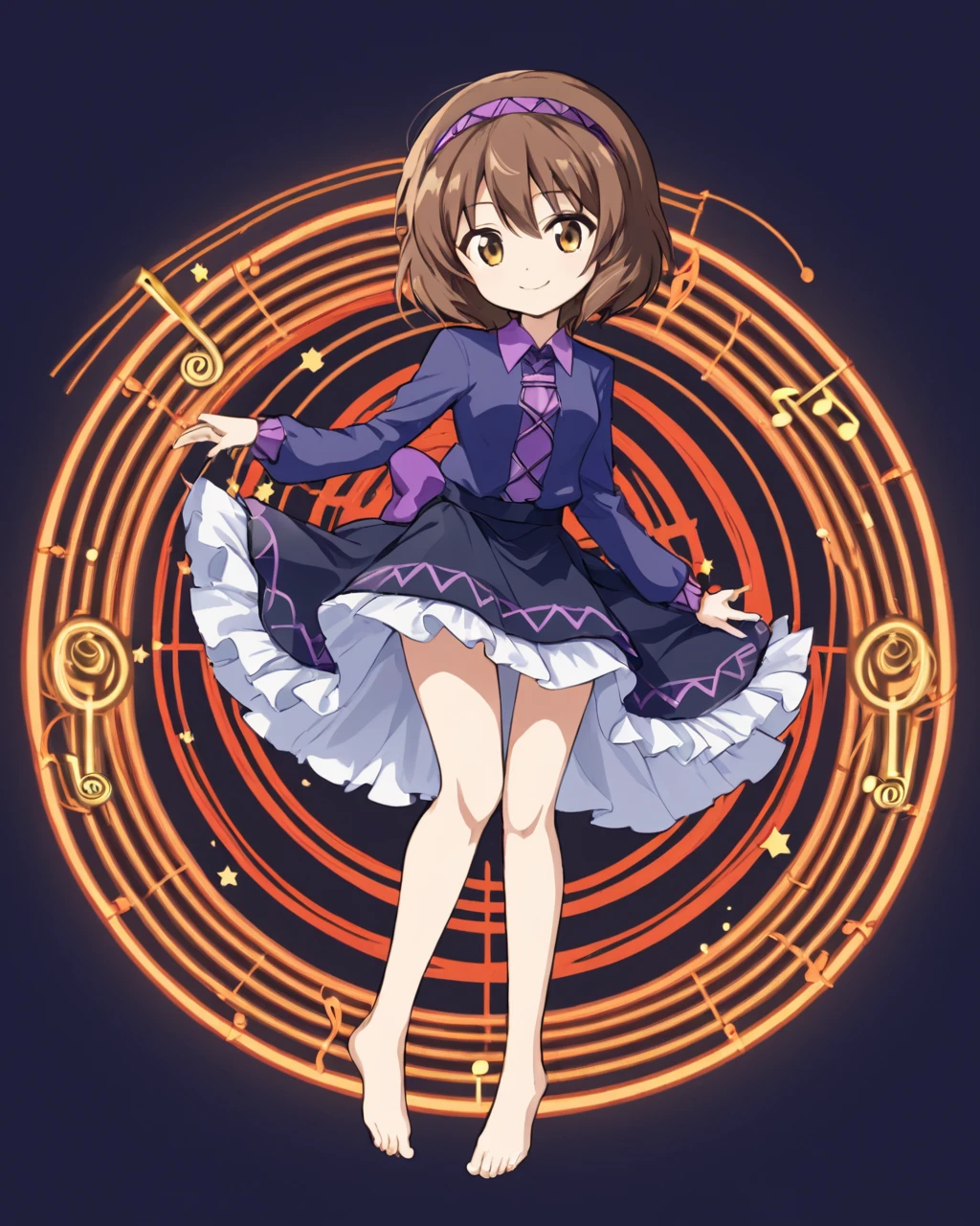 tsukumo yatsuhashi,1girl, solo, hairband, barefoot, smile, skirt, eighth_note, long_sleeves, staff_\(music\), shirt, looking_at_viewer, beamed_eighth_notes, star_\(symbol\)
<lora:tsukumo_yatsuhashi_image372_2023-12-20-000025:1>,star-shaped_pupils,symbol-shaped_pupils,. gorgeous,key visual, vibrant, studio anime,award-winning, professional, highly detailed,high budget, cinemascope