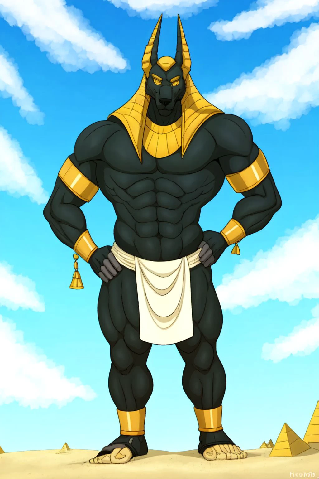 ((masterpiece)), uploaded on e621, best quality, 1boy, solo,  (anubis, golden eyes, tail, egypt, muscle, shoe sandals, hips cloth), standing, face focus, (detailed background, 4k, 2k, cinematic, movie, ultra hd), ([:by Sandra Chevrier, by Katsushika Hokusai, by Lawyerdog, by Alphonse Mucha:0.25]), day, sand,   <lora:DariusV1.3:0.7>