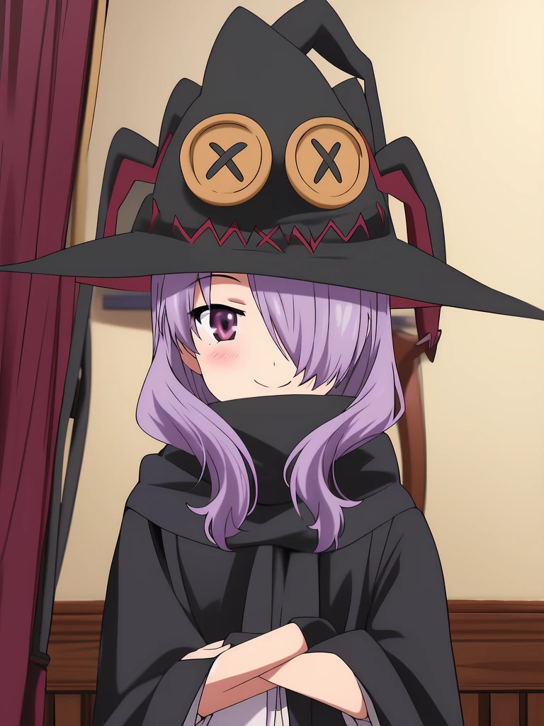 <lora:Nanako_Pleiades:1>,nanako, 1girl, purple eyes, solo, purple hair, hat, smile, v, double v, hair over one eye, witch hat, looking at viewer,  blush, long hair, home in the room, cowboy Shot,
masterpiece, high quality, very_high_resolution, large_filesize, full color,