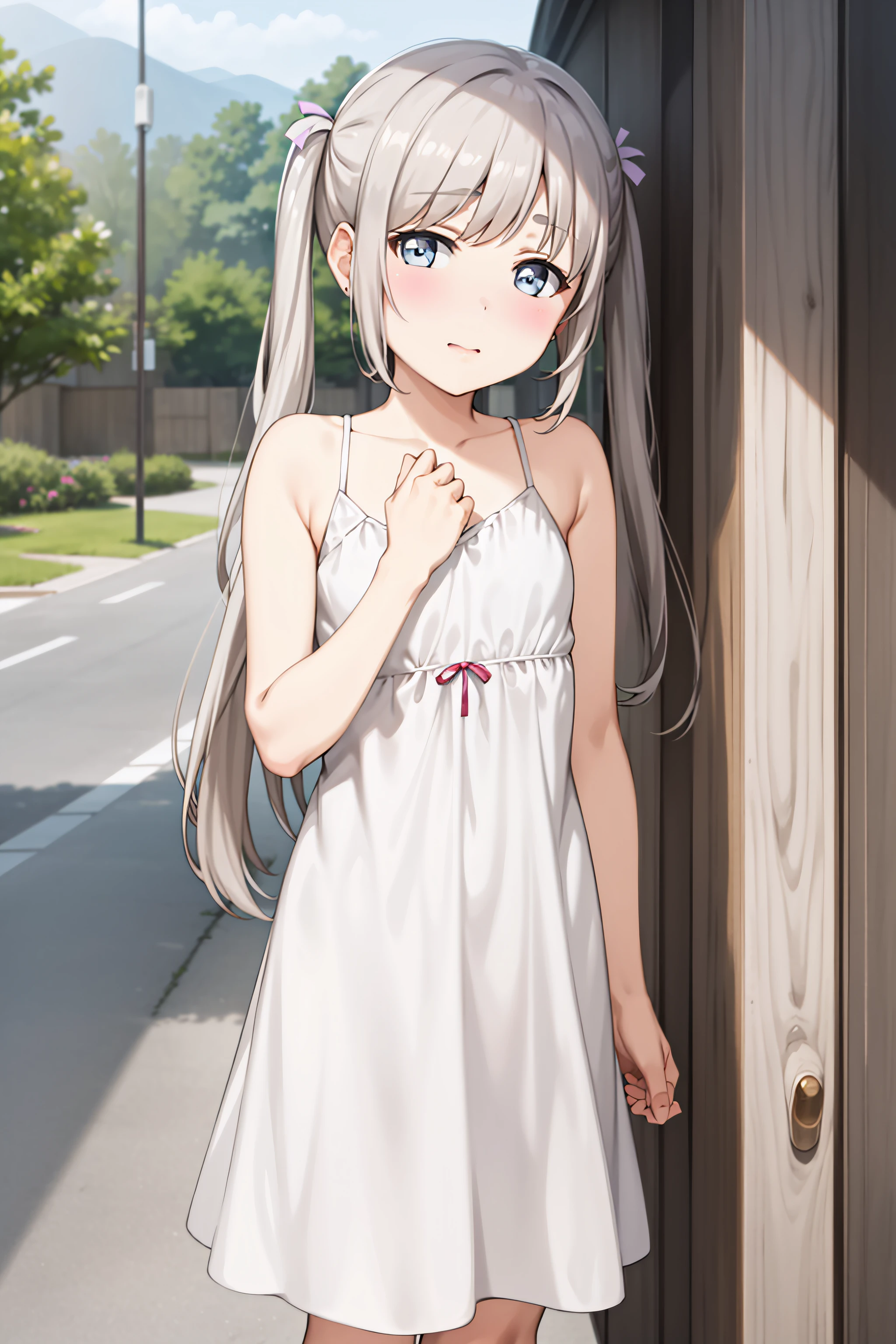 best quality, masterpiece, detailed,
<lora:chara_ShoujoRamune_Komako_v1:0.9>, komako,
solo, blush,
grey hair, blue eyes, long hair, twintails,
white dress,
standing, head tilt, looking at the viewer,
outdoors