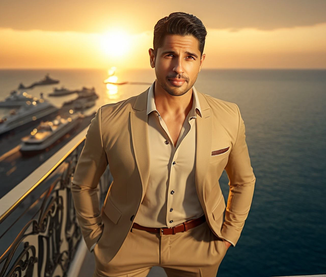 Nautical-themed (Photo:1.3) of (Ultrarealistic:1.3) <lora:Man_Men_FFashion:1> lvaro Morata a man <lora:sid-mal_lvaro-Morata:1> in a tan suit standing on a balcony, sun behind him, inspired by Pablo Munoz Gomez, shot at golden hour, editorial photograph, midshot of a hunky, by Roman Bezpalkiv, by Artur Tarnowski, maxim sukharev, by Gabor Szikszai,Highly Detailed,(Mono Color:1.3) . Sea, ocean, ships, maritime, beach, marine life, highly detailed