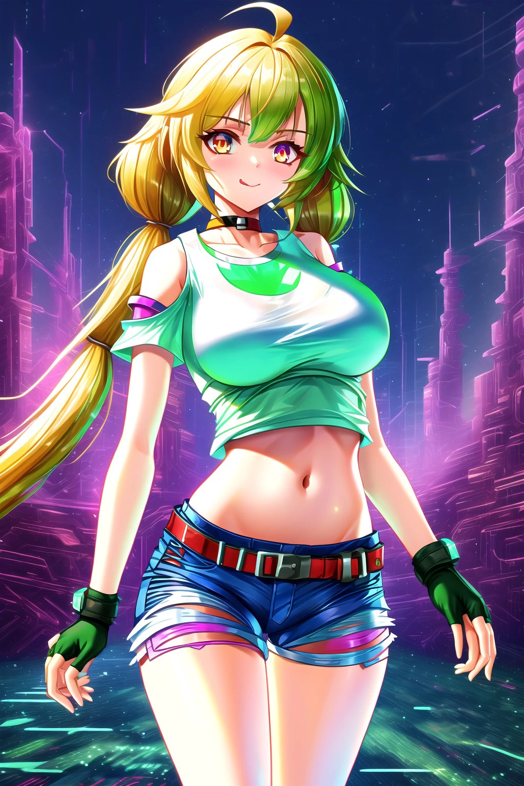 <lora:DonMCyb3rSp4c3-000010:1.0> <lora:shirli_x_nemesis_lora:0.85> masterpiece, best quality, absurdres, high quality, best quality, ultra high res, 1girl, solo, shirli, ahoge, yellow eyes, blonde hair, long hair, very long hair, twintails, low twintails, choker, clothing cutout, crop top, cutoffs, midriff, arm warmers, belt, denim, denim shorts, blue shorts, exposed pocket, white shirt, undershirt, fingerless gloves, front-tie top, navel, shirt, short shorts, shorts, shoulder cutout, stomach, thighs, large breasts, standing, full body, looking at viewer, depth of field, outdoors, night, street, buildings, cyberpunk, DonMCyb3rSp4c3, glowing neon,