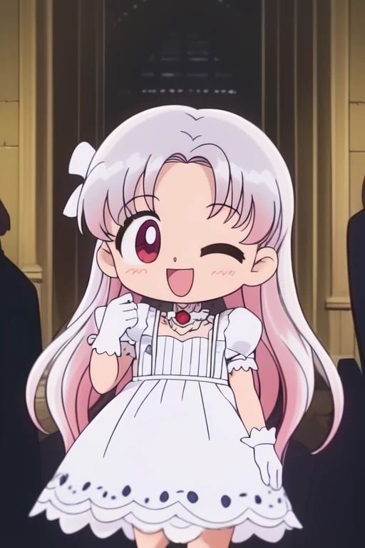 <lora:Silver_Oujo:0.8>SilverOujo, 1girl, solo, one eye closed, dress, gloves, long hair, smile, white gloves, open mouth, white dress, pink hair, bow, holding, white bow, jewelry, red eyes, castle,
masterpiece, high quality, very_high_resolution, large_filesize, full color, 1990s \(style\), anime, anime_screencap, animated gif, mp4 ,video, animated, chibi,